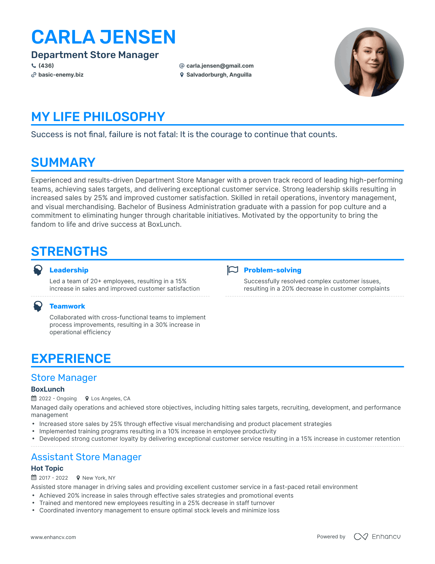 Creative Department Store Manager Resume Example