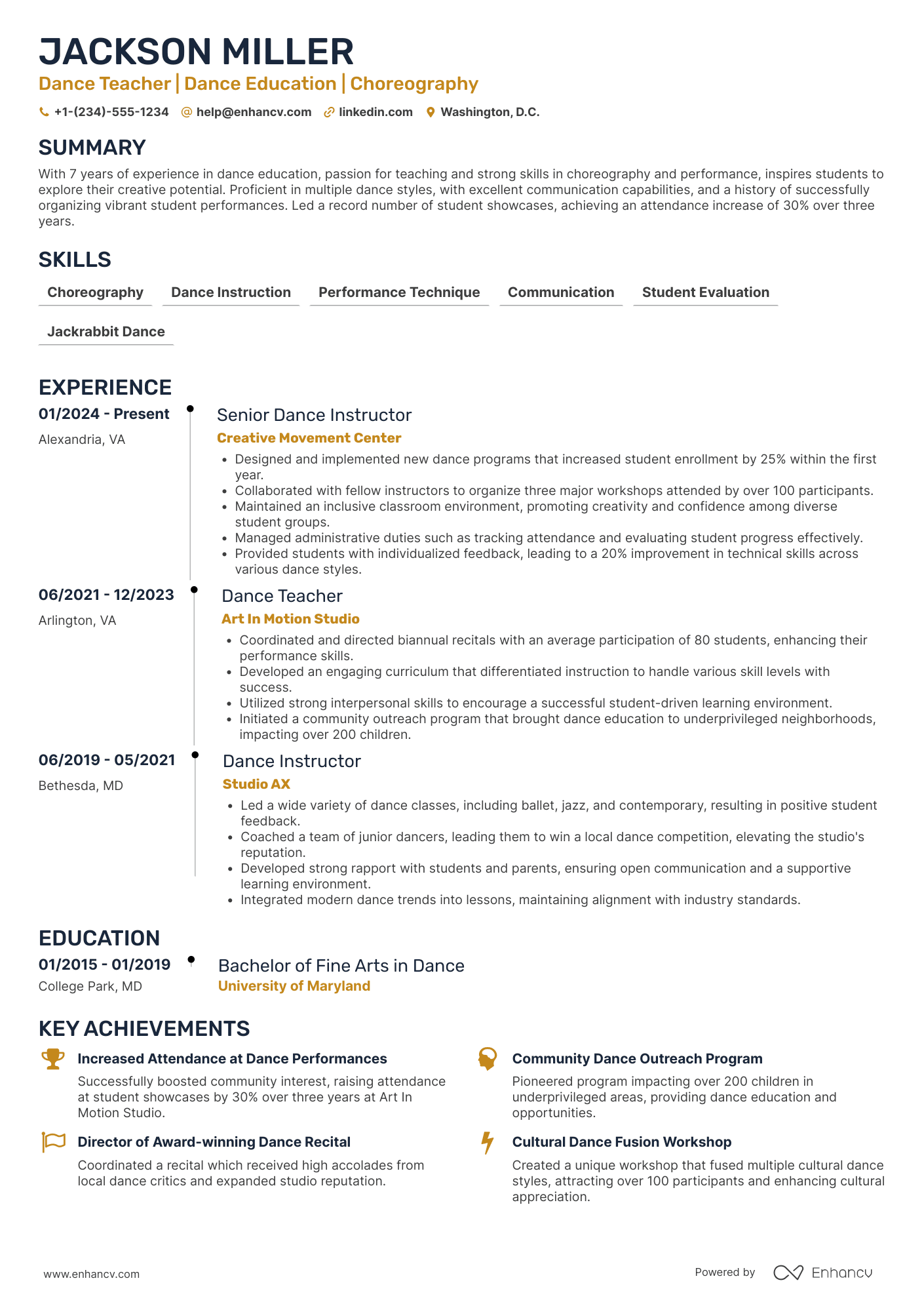 Dance Teacher resume example