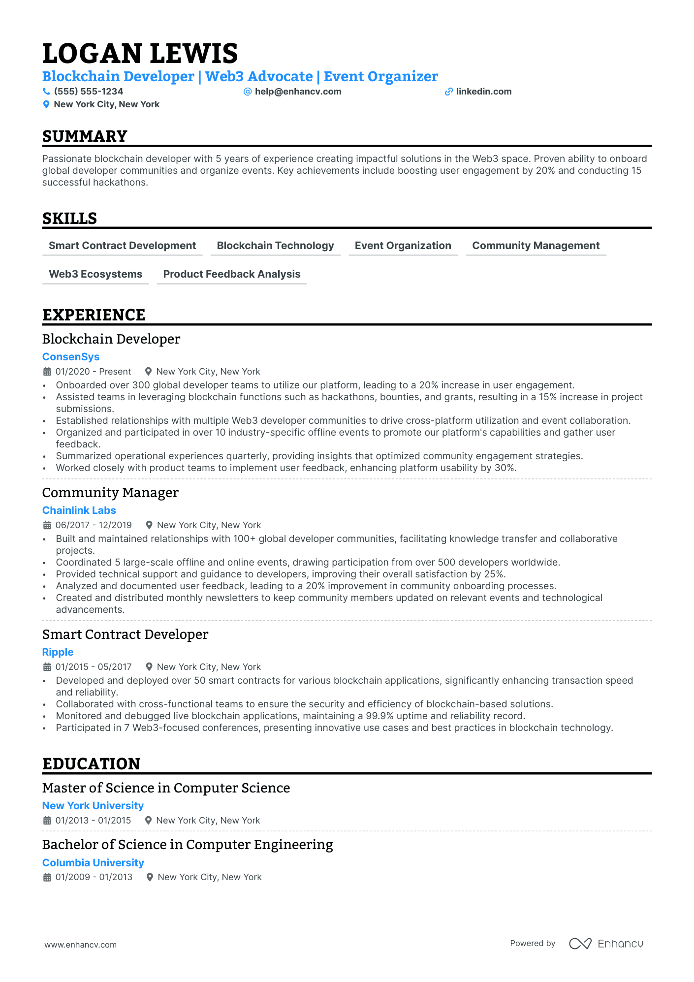 Junior Blockchain Developer resume example