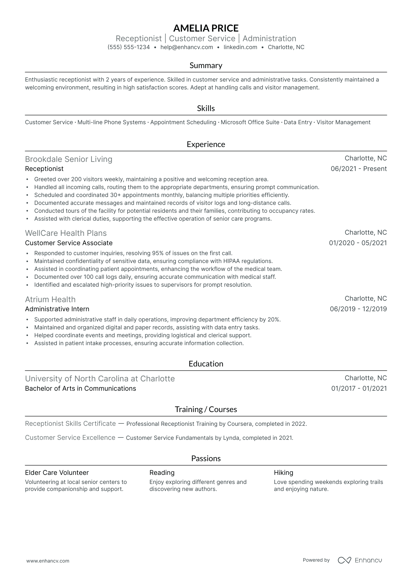 Contract Receptionist resume example