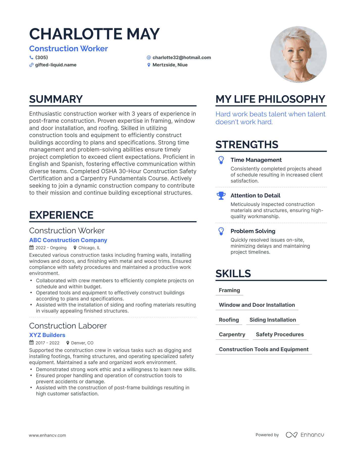 Construction Worker resume example