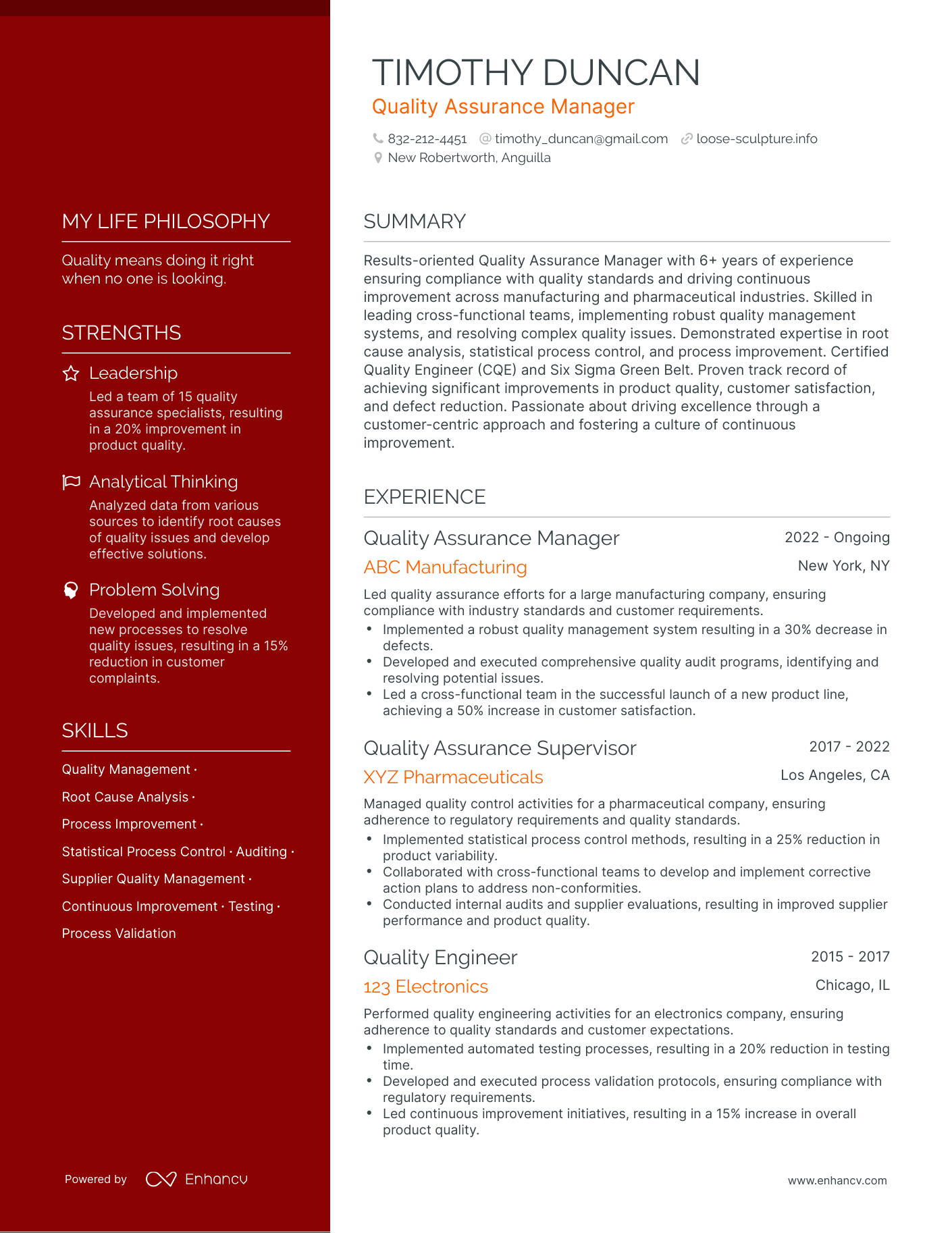 Creative Quality Assurance Manager Resume Example