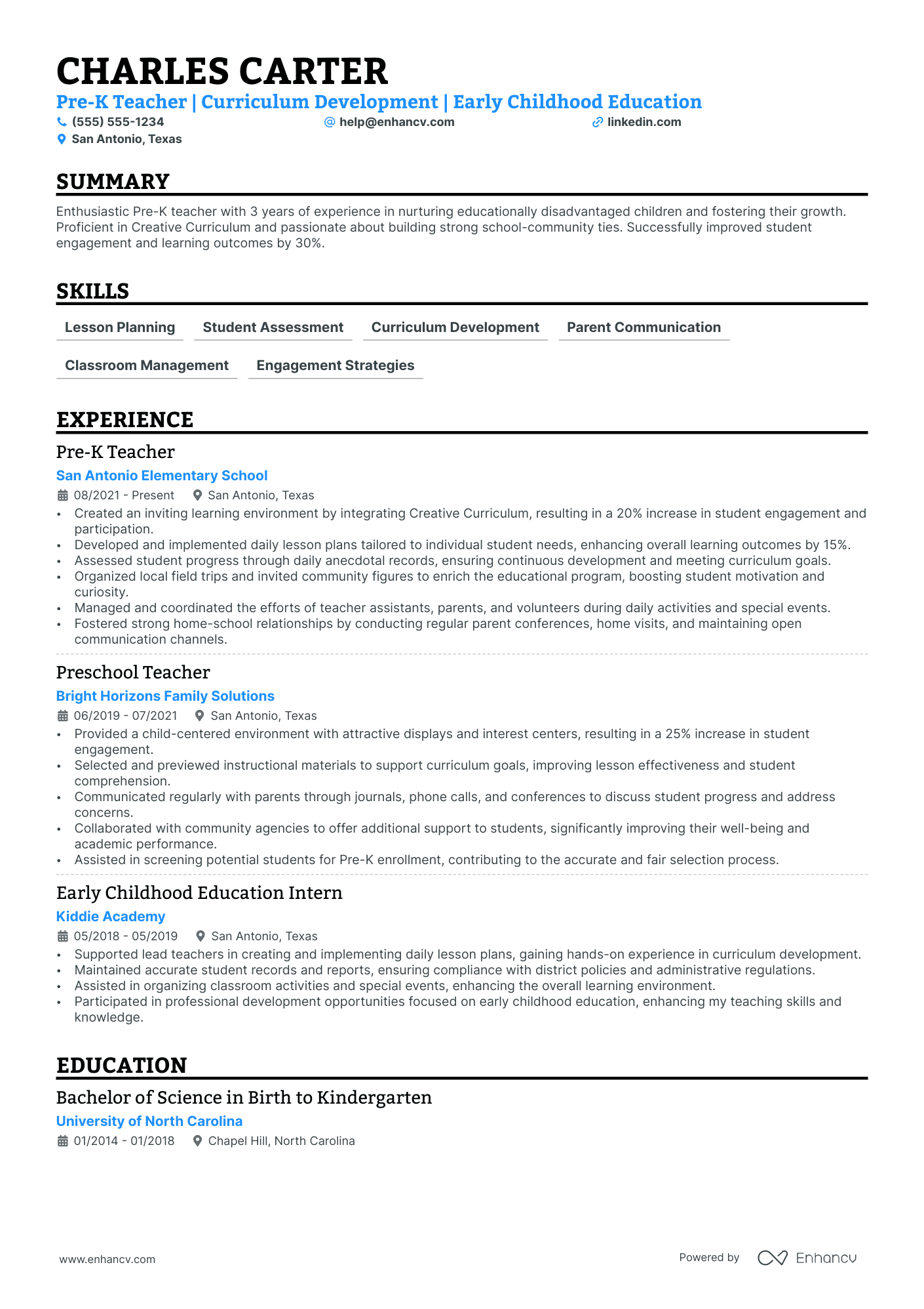 Preschool Teacher resume example