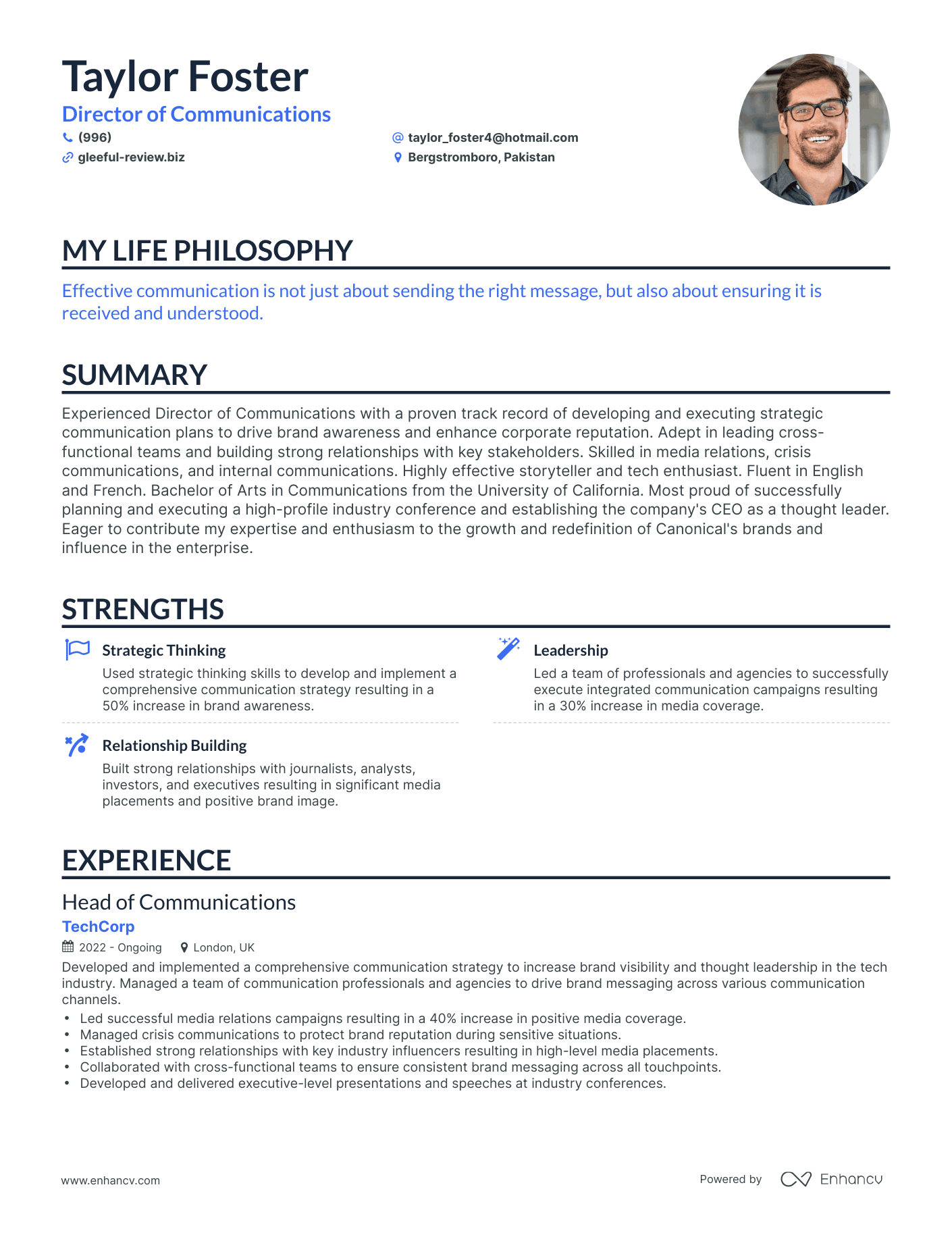Creative Director of Communications Resume Example