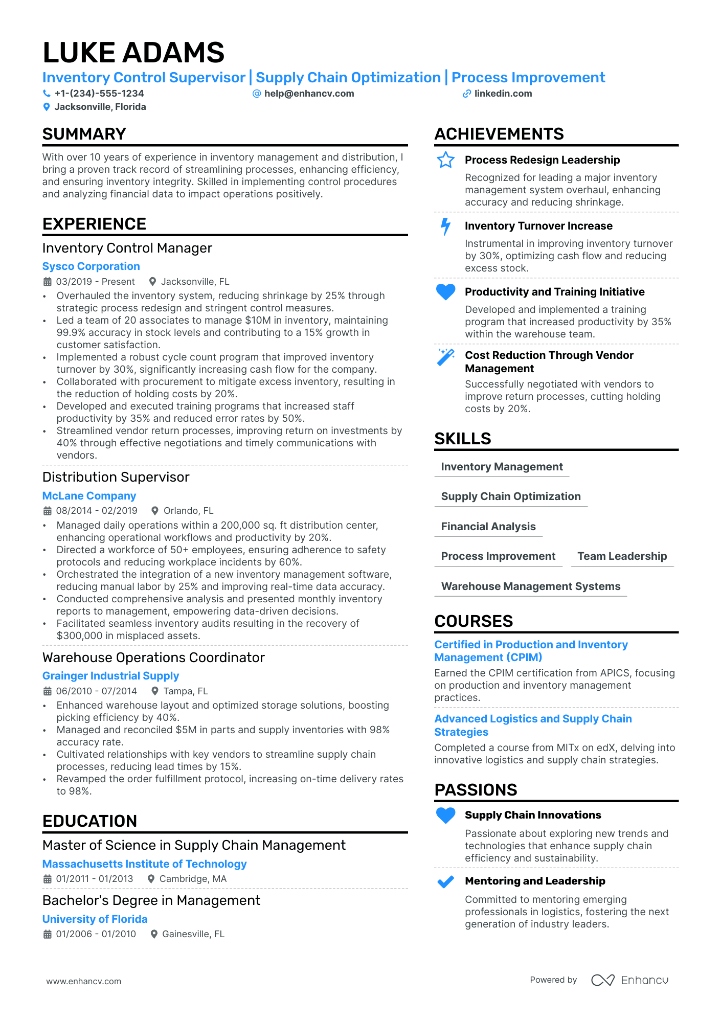 Inventory Control Manager resume example
