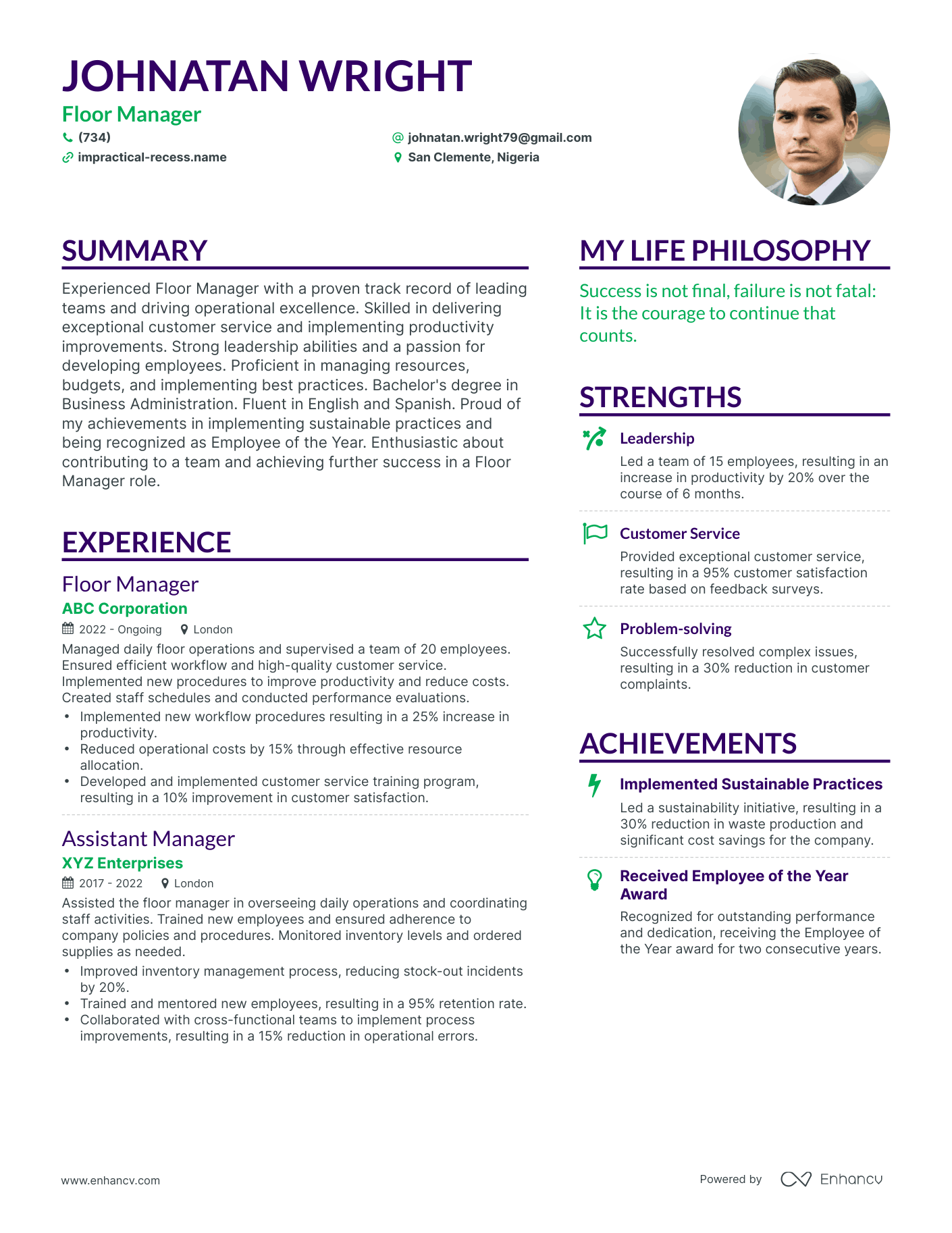 Floor Manager resume example