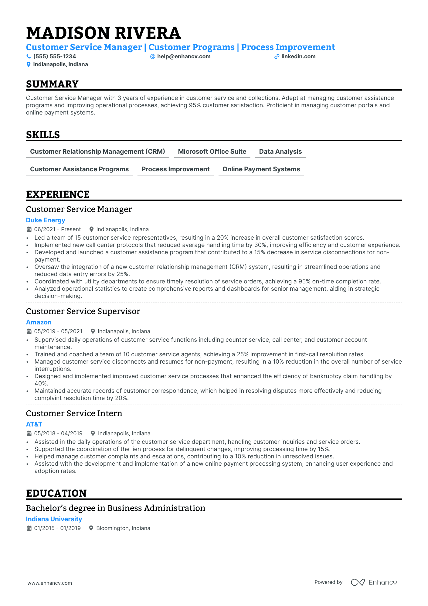 Senior Customer Service Manager resume example