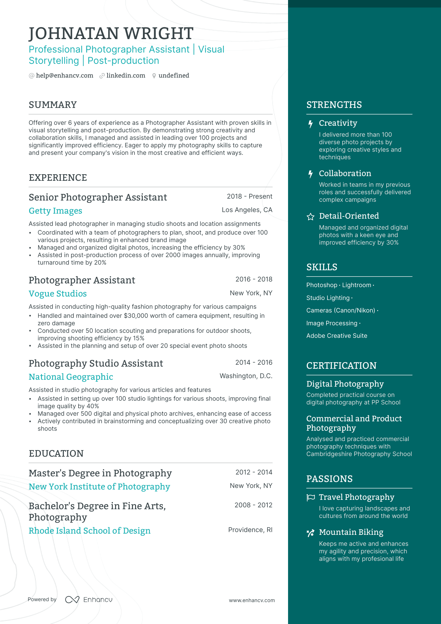 photographer assistant resume example