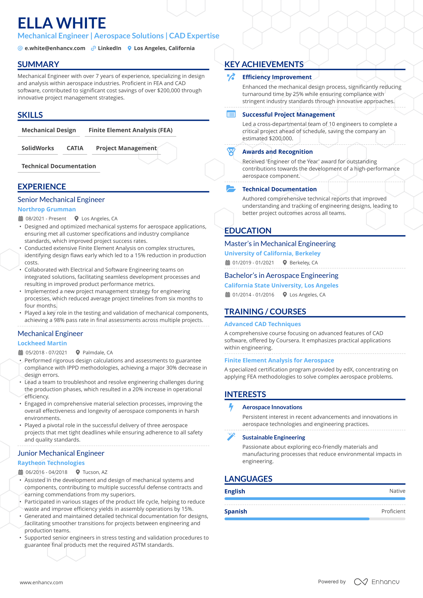 A two column resume with a blue accent color and focus on experience and achievements.