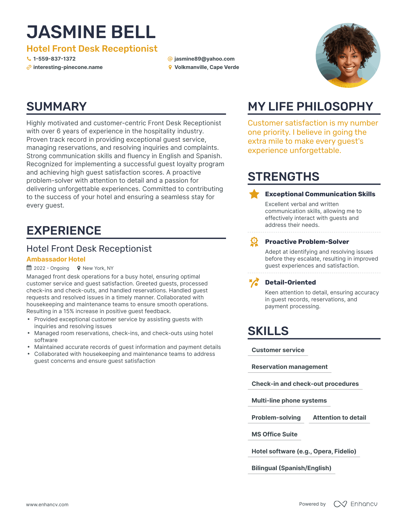 Modern Hotel Front Desk Receptionist Resume Example