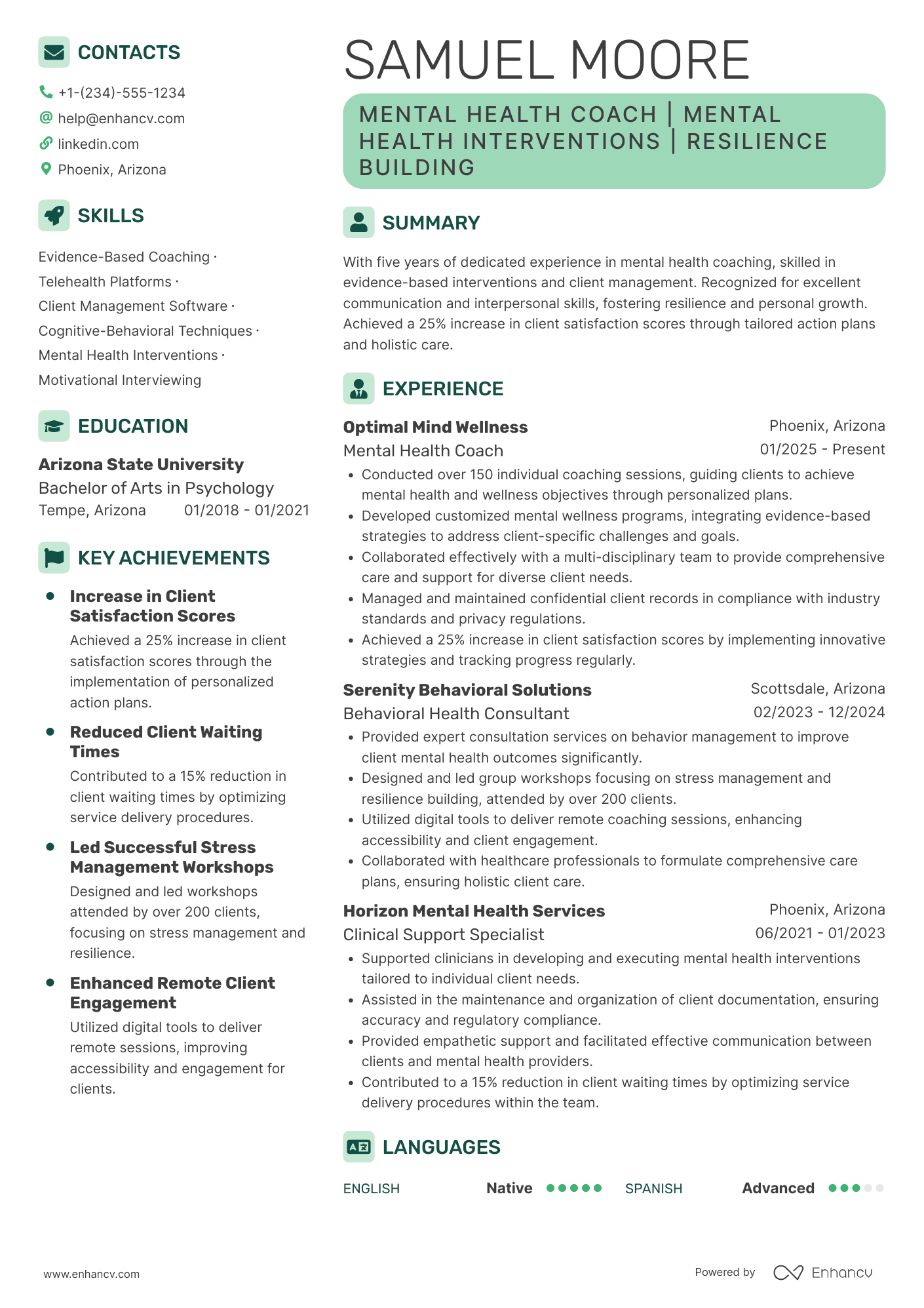 Mental Health Coach resume example