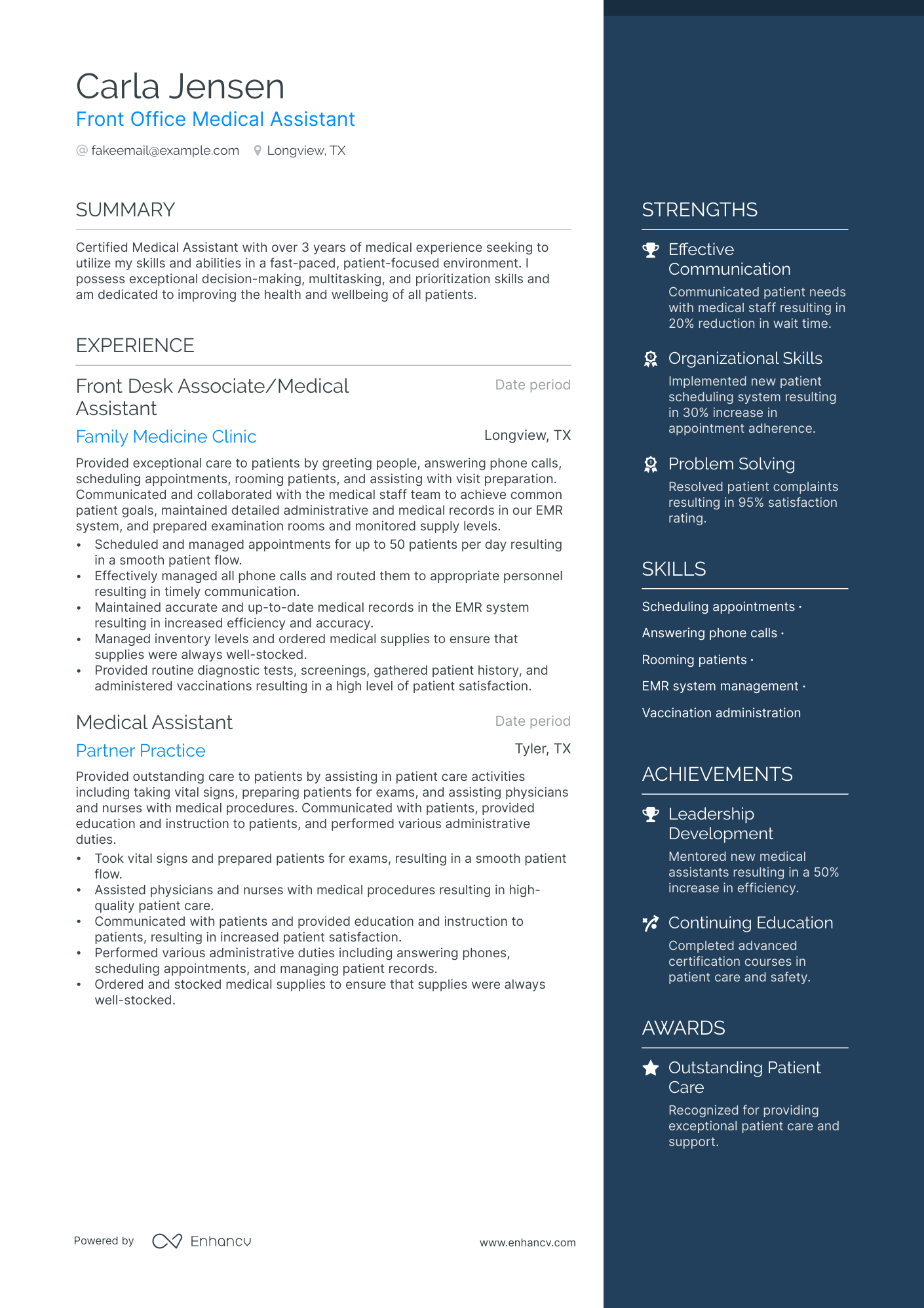 Front Office Medical Assistant resume example