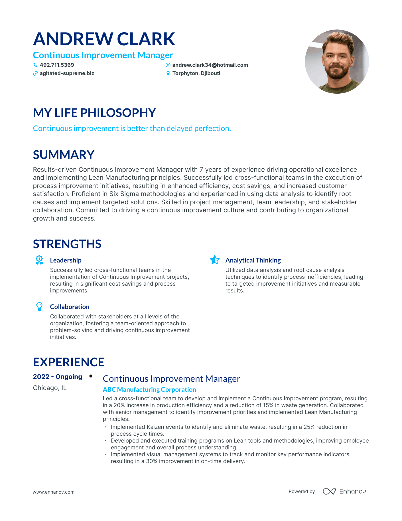 Creative Continuous Improvement Manager Resume Example