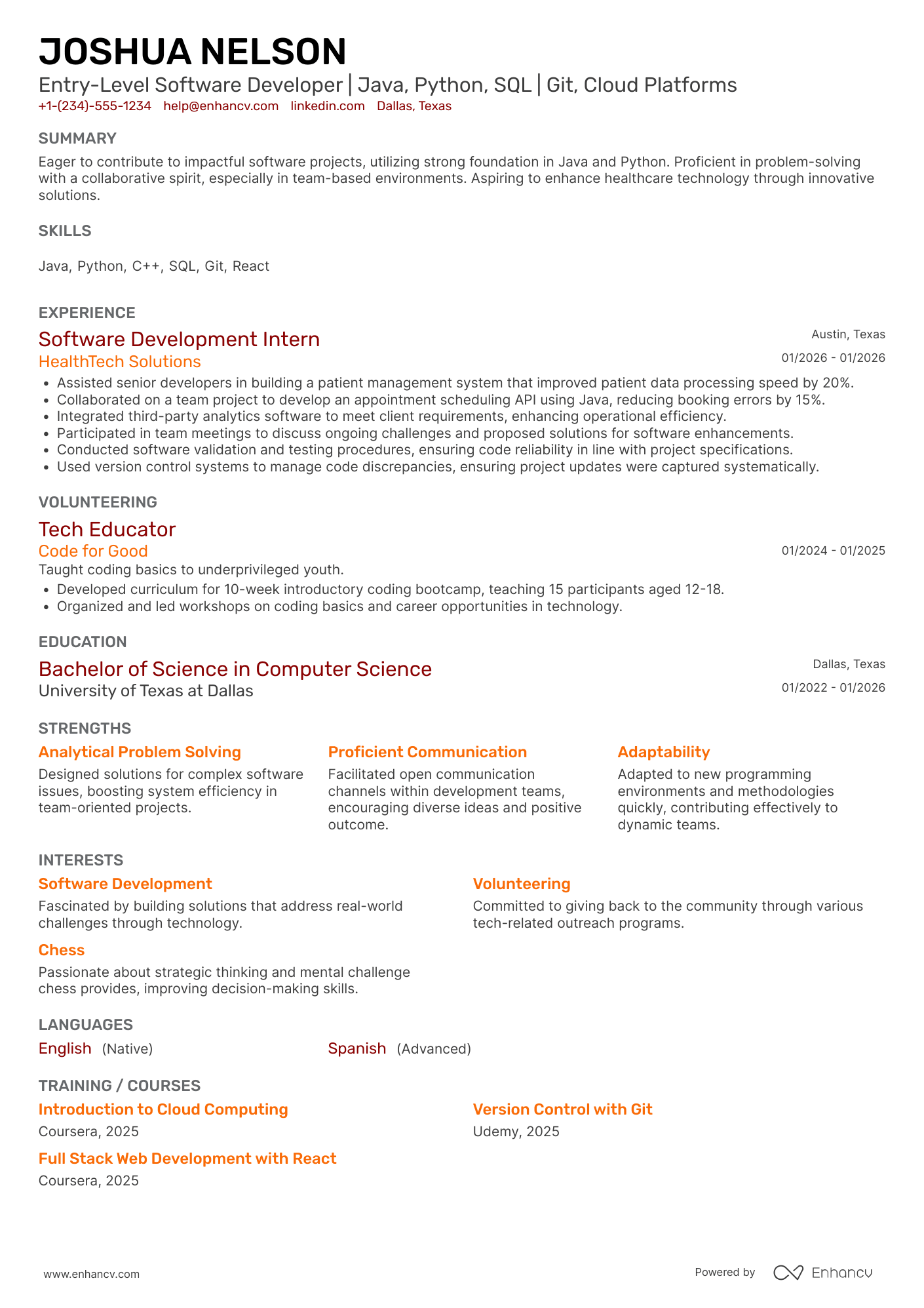 Entry Level Computer Science resume example