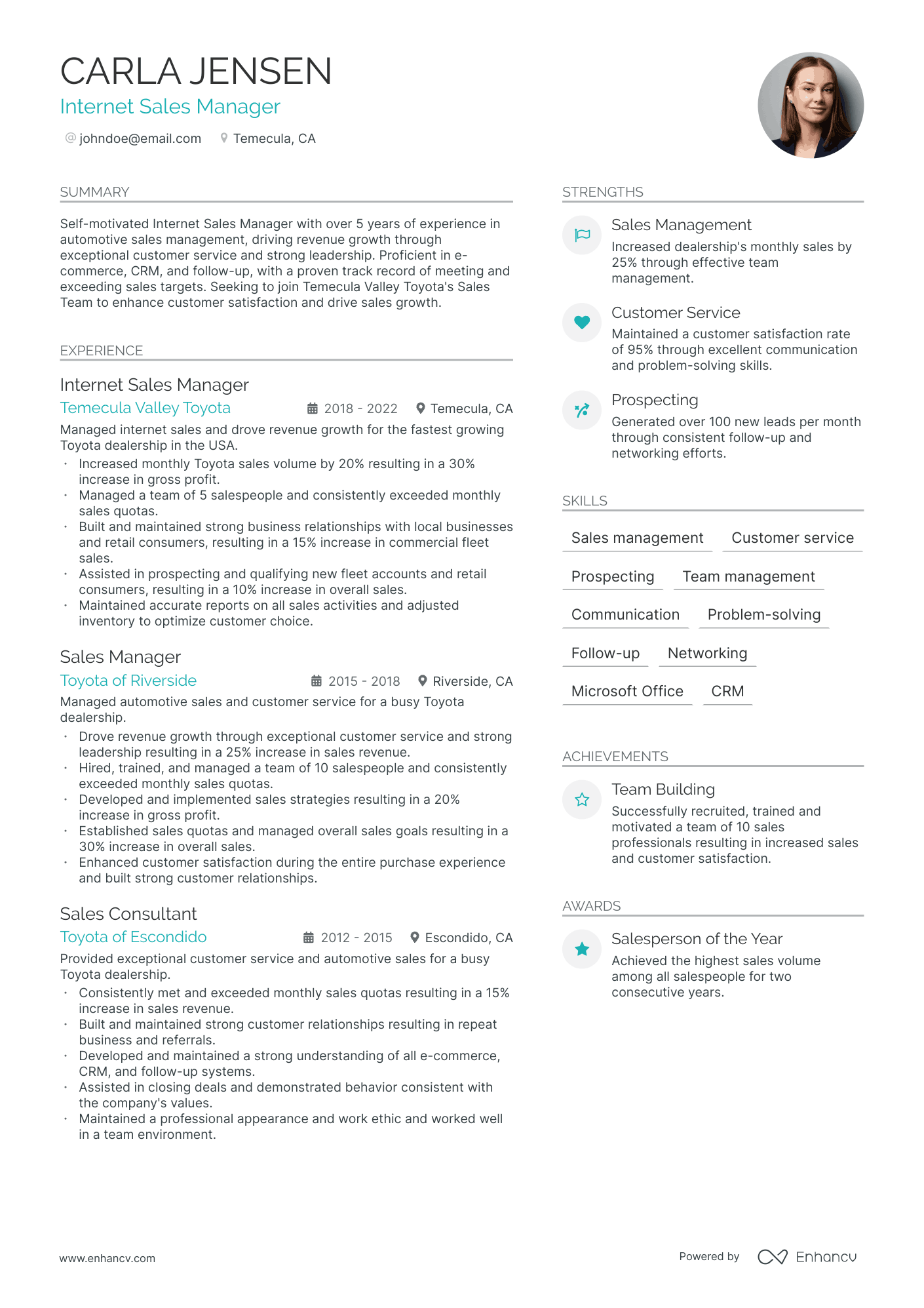 Internet Sales Manager resume example