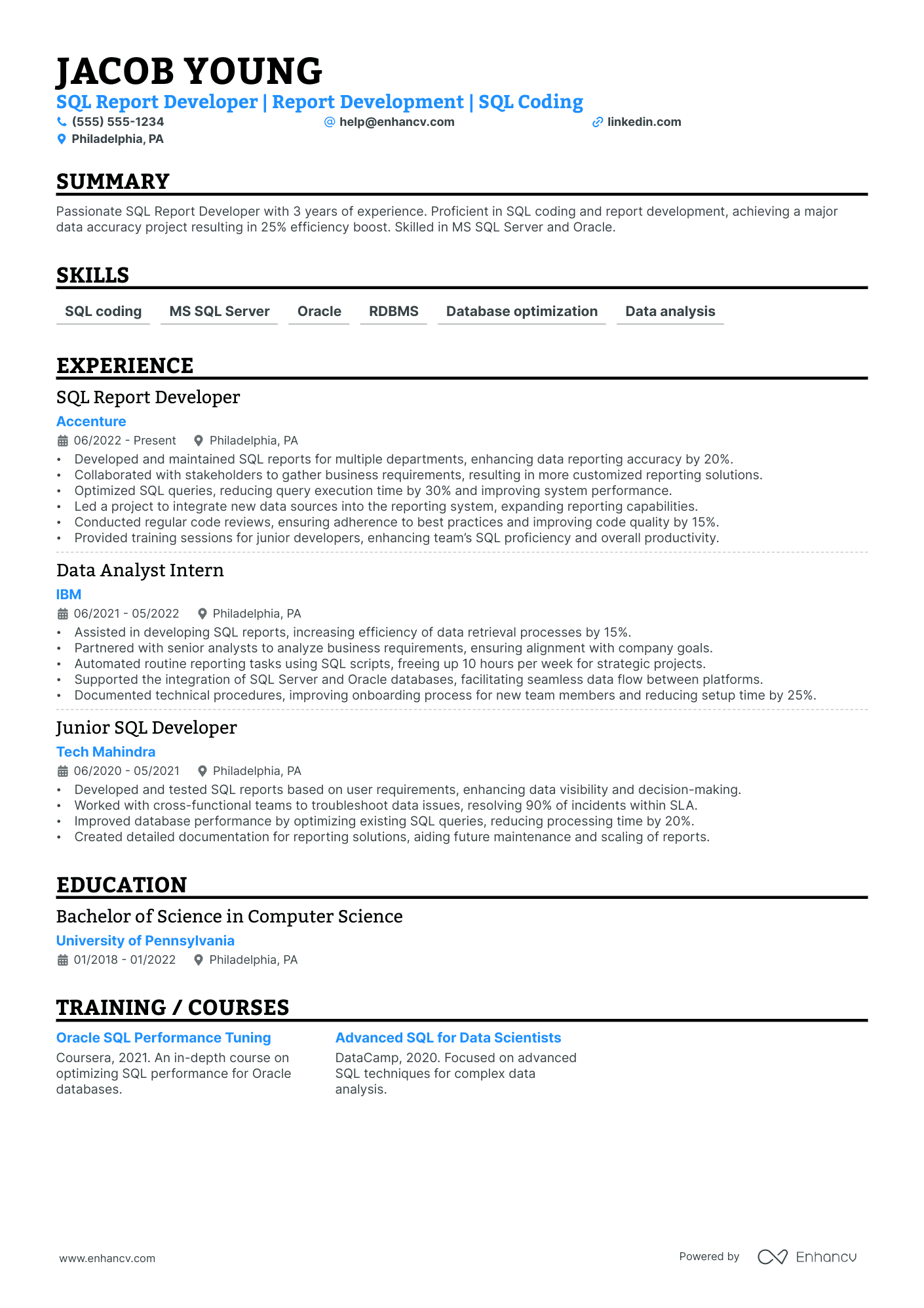 SQL Server Developer resume example