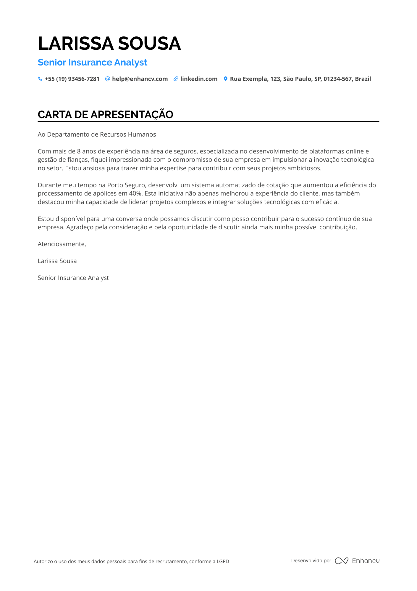 Desenvolvedor Full Stack Carta de apresentação