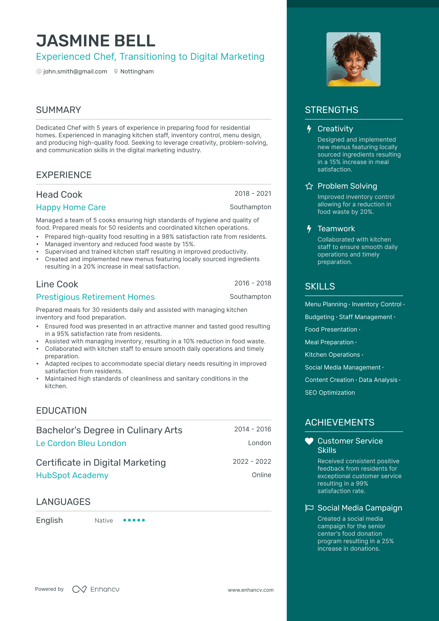 Experienced Chef, Transitioning to Digital Marketing CV example