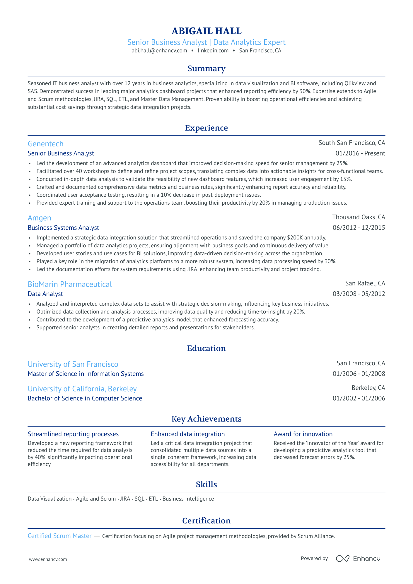 A single column, classic resume template with blue accent colors.