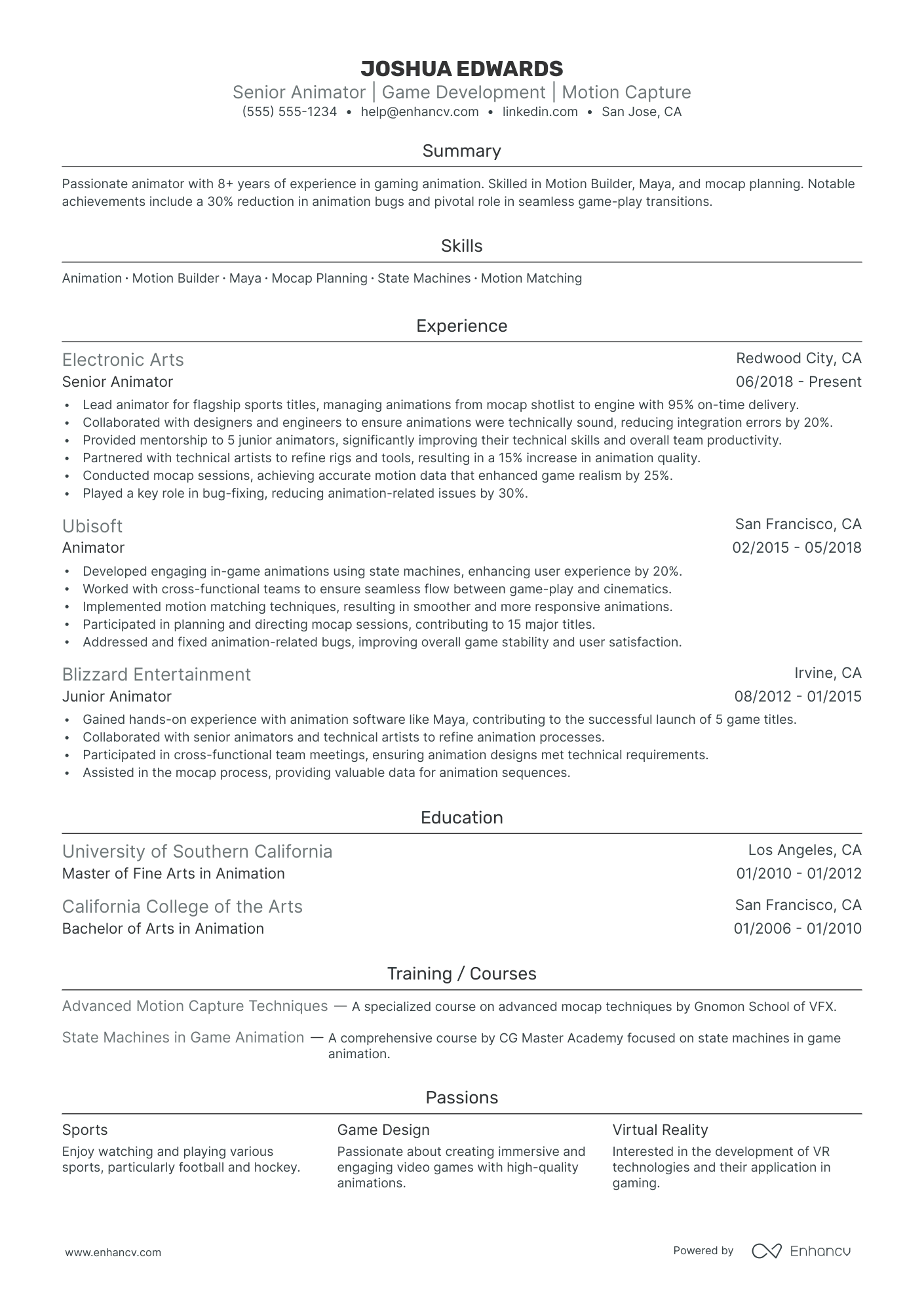 Junior Animator resume example