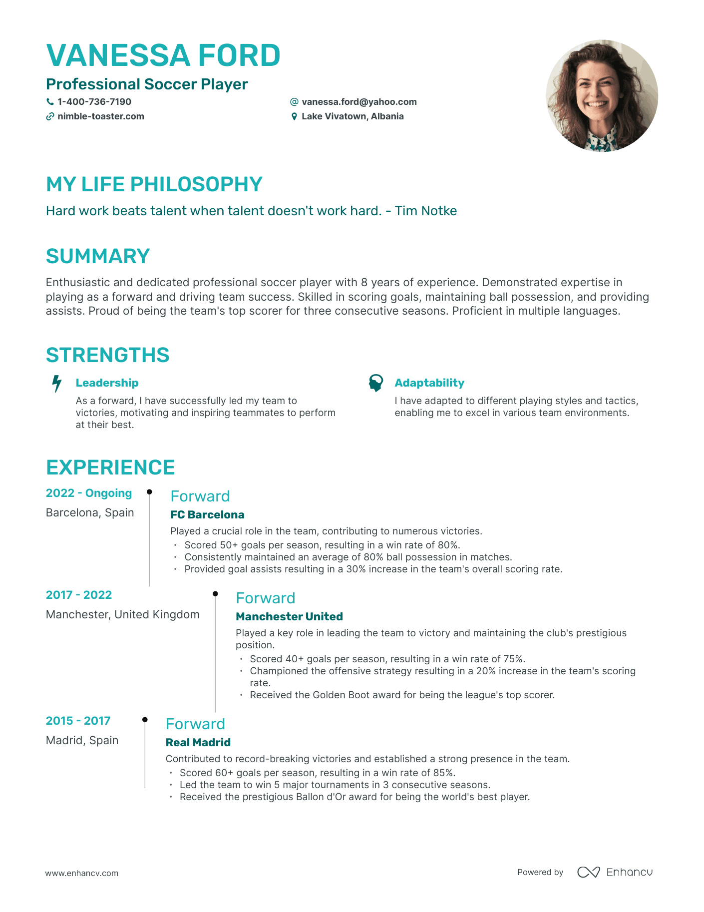 Creative Professional Soccer Player Resume Example