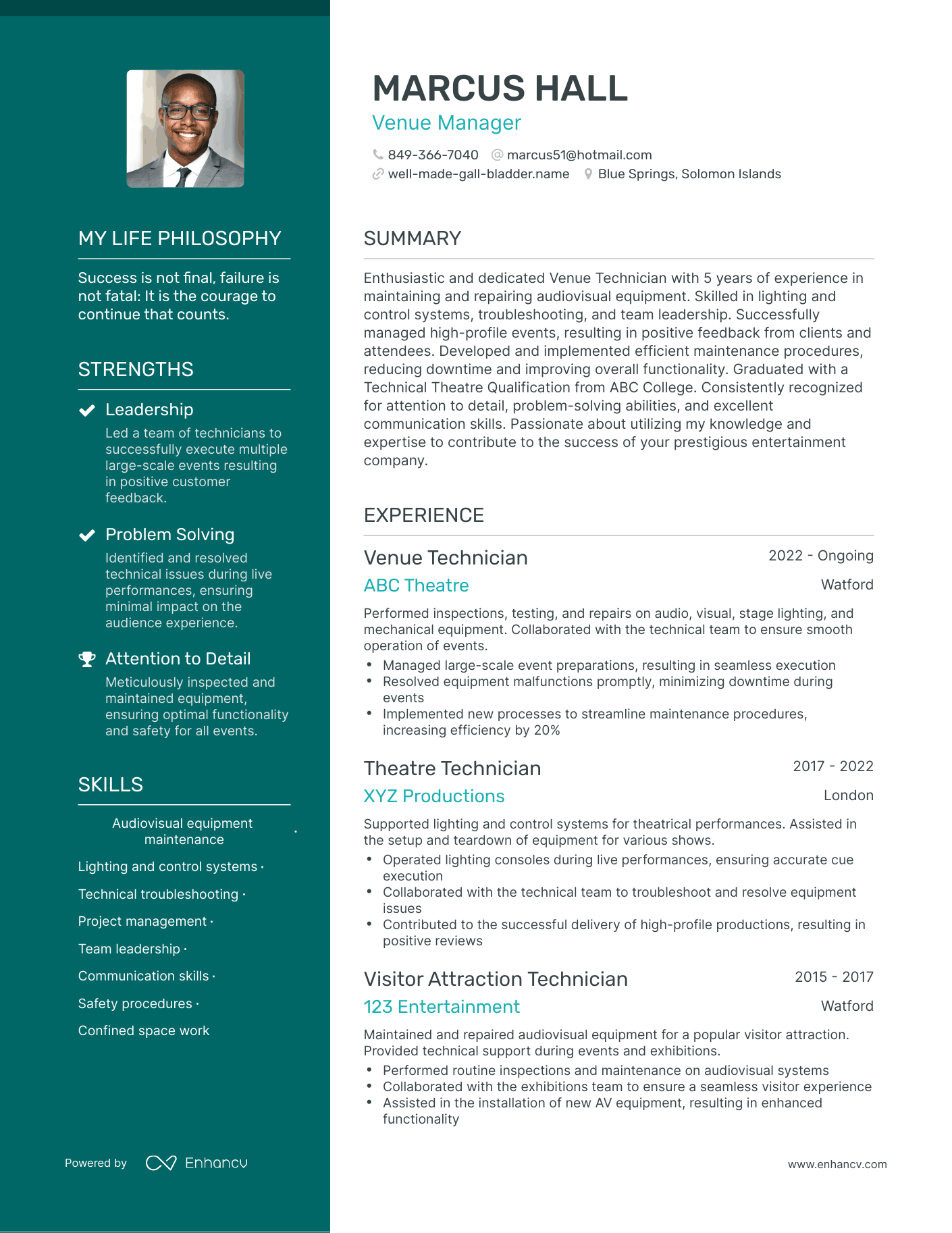 Creative Venue Manager Resume Example