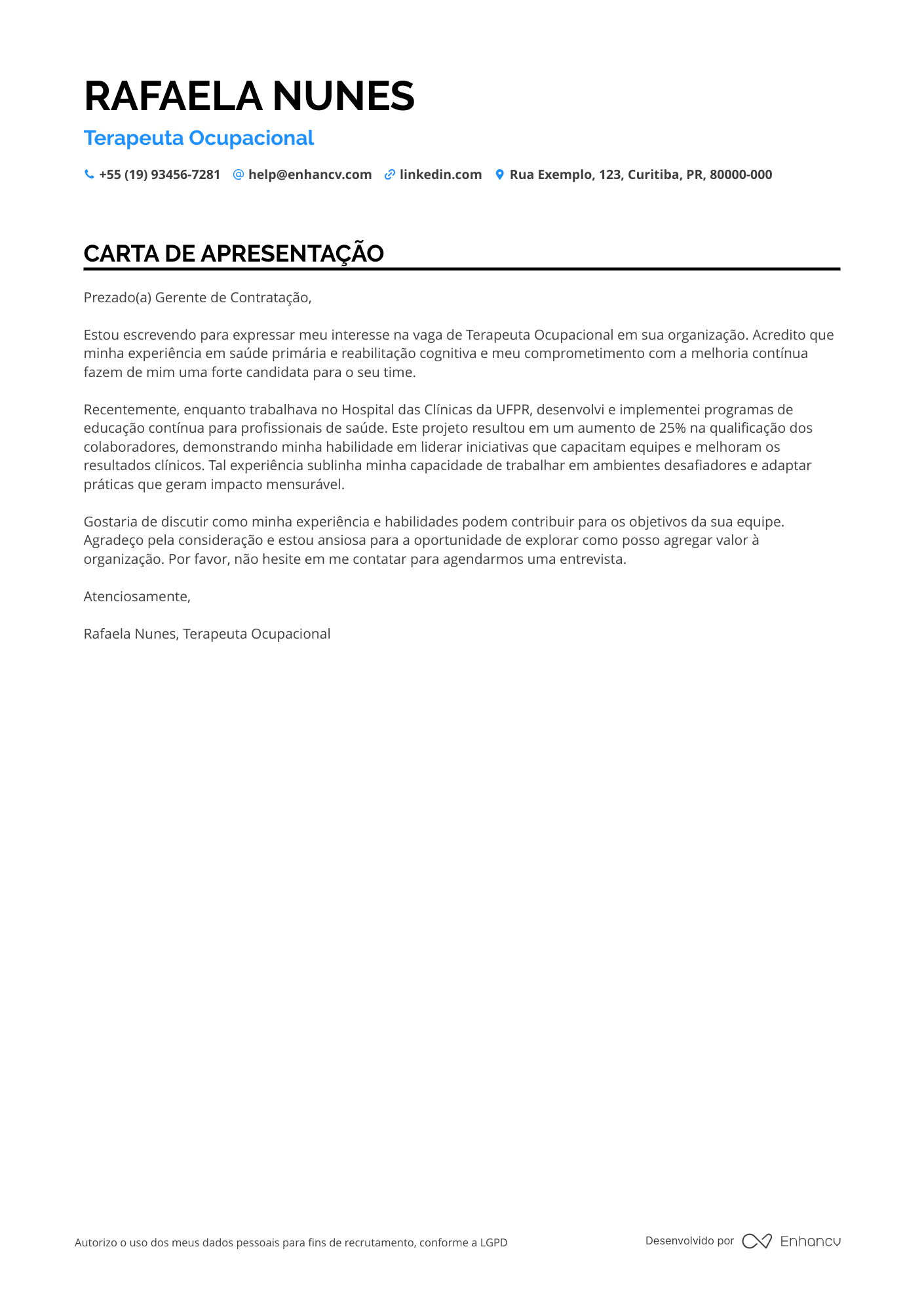 Terapeuta Ocupacional Carta de apresentação