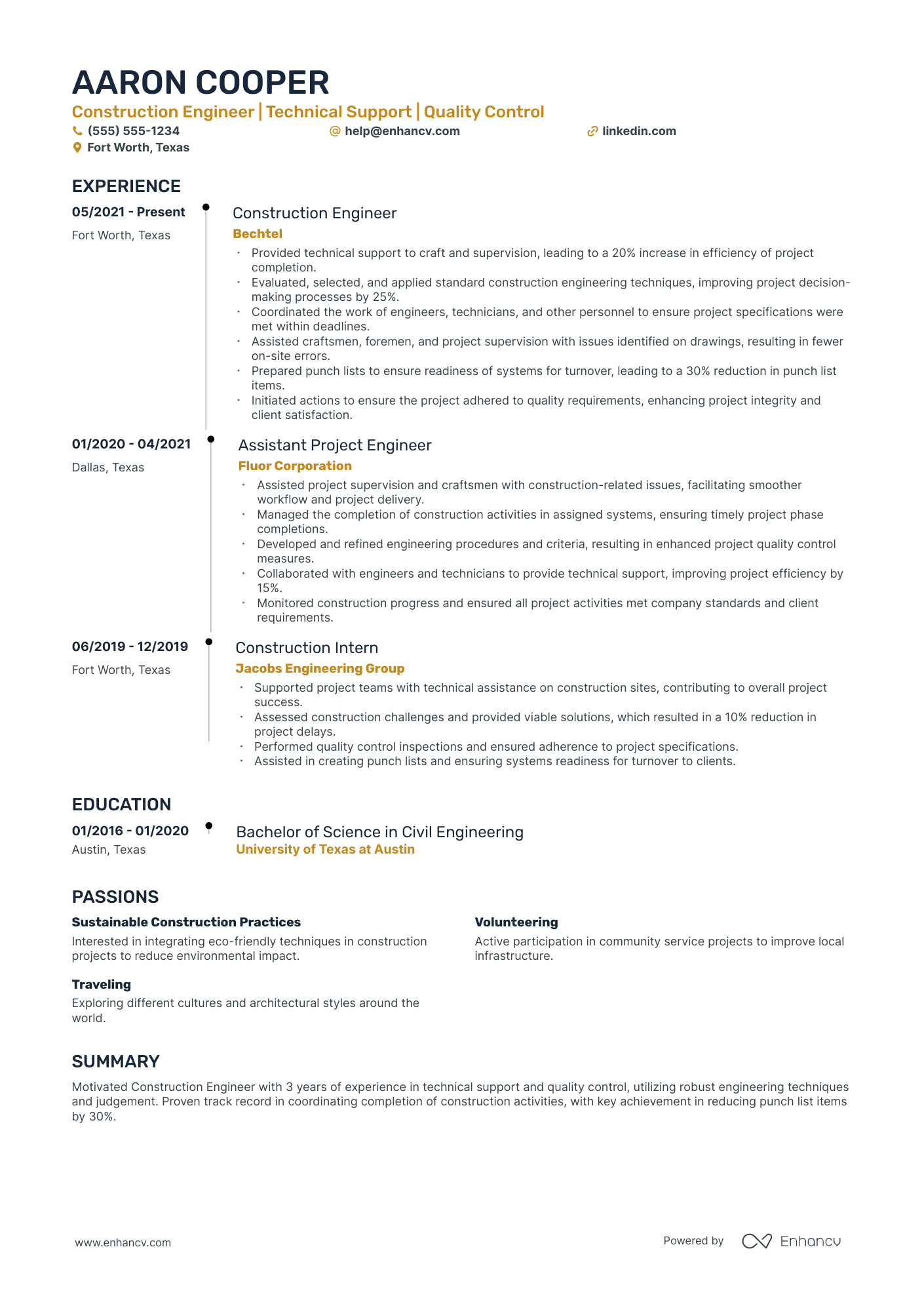 Construction Engineer resume example