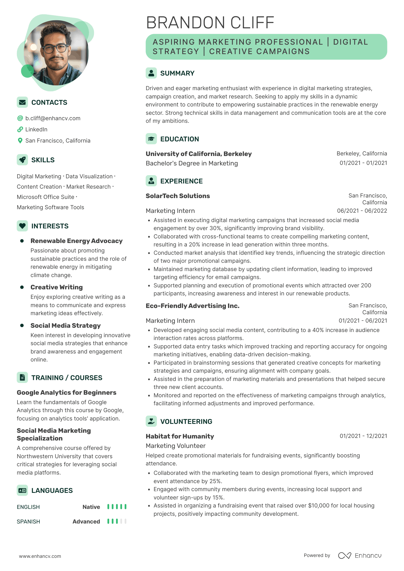 A contemporary entry level marketer resume template with green accent colors and a photo.