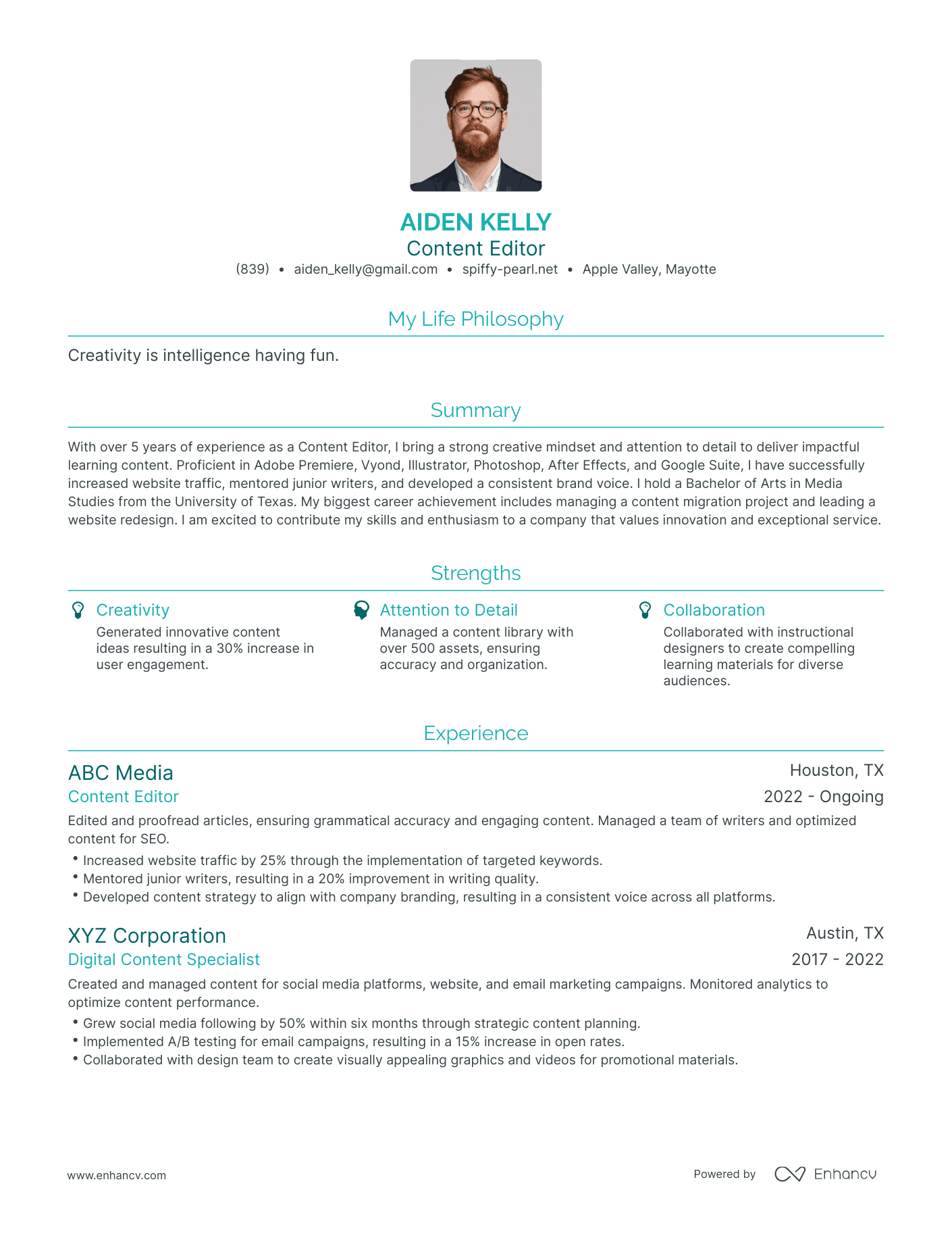 Modern Content Editor Resume Example
