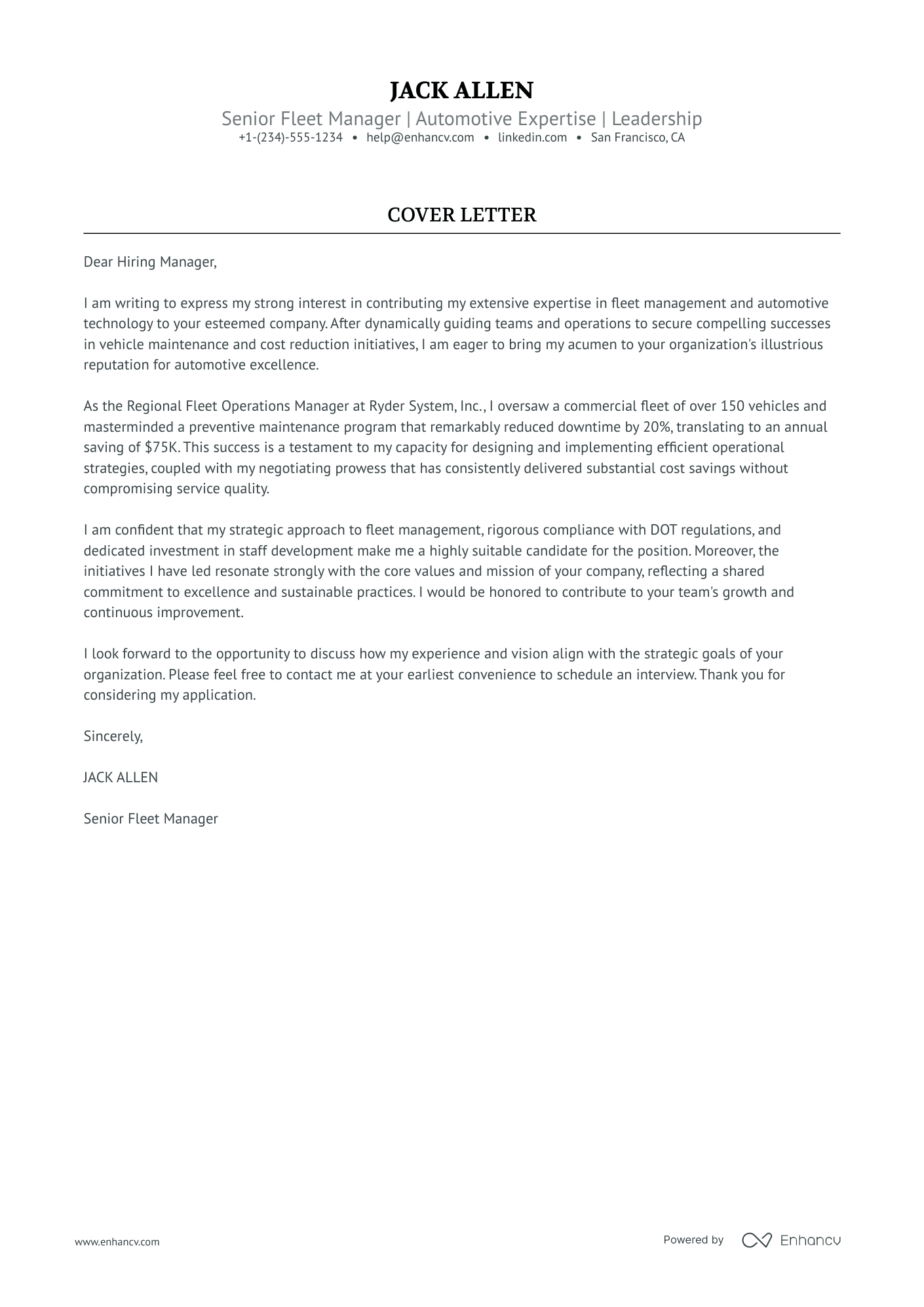 Fleet Manager cover letter
