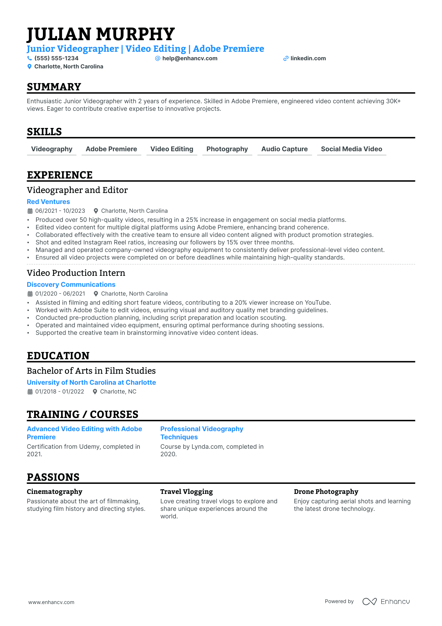 Commercial Videographer resume example