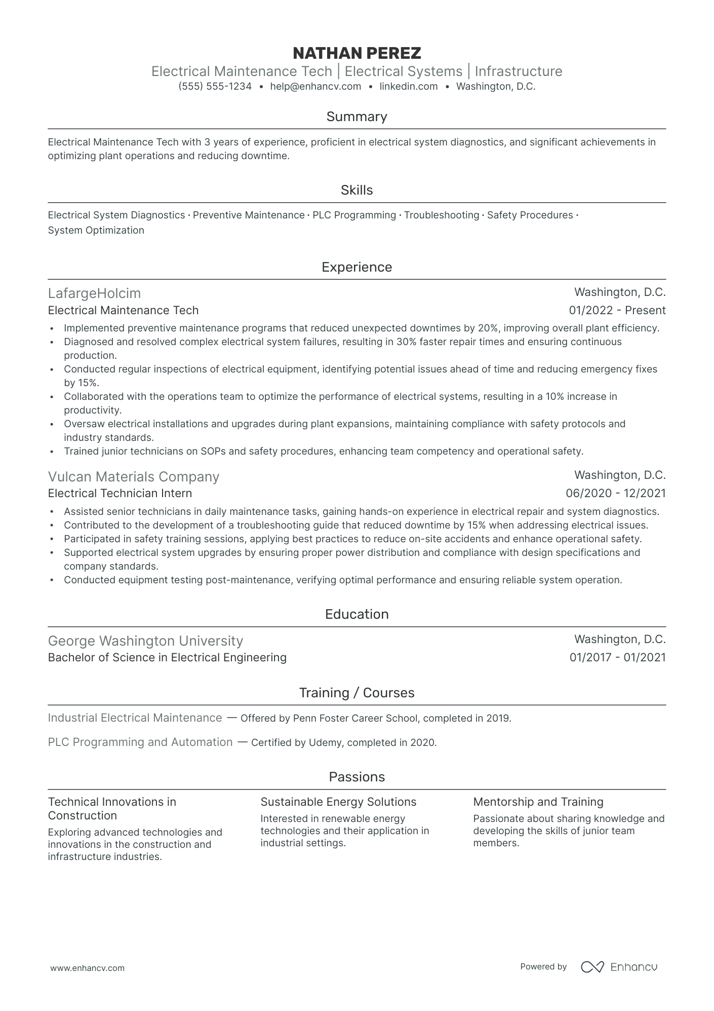 Electrical Maintenance Technician resume example