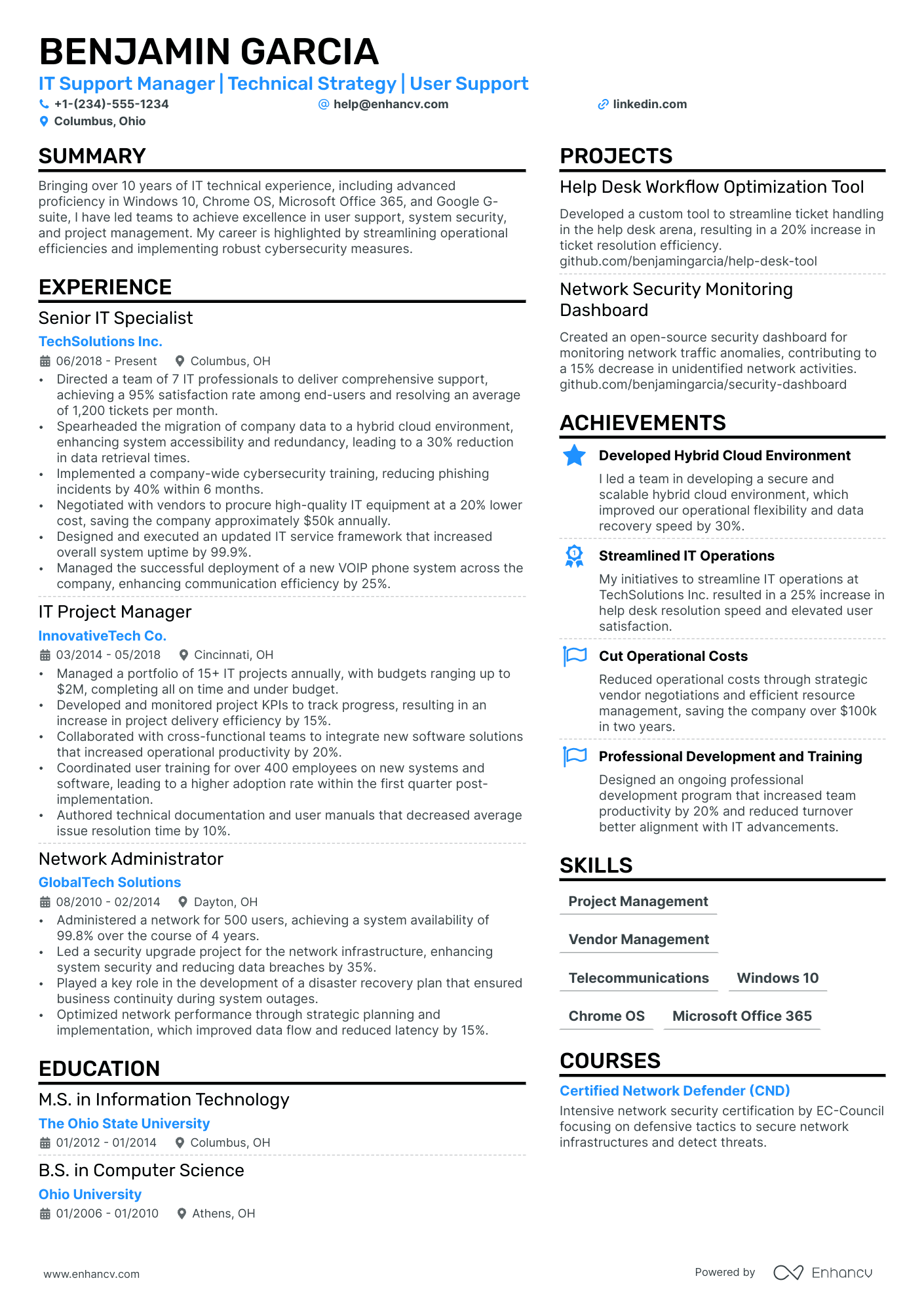 IT Support Manager resume example