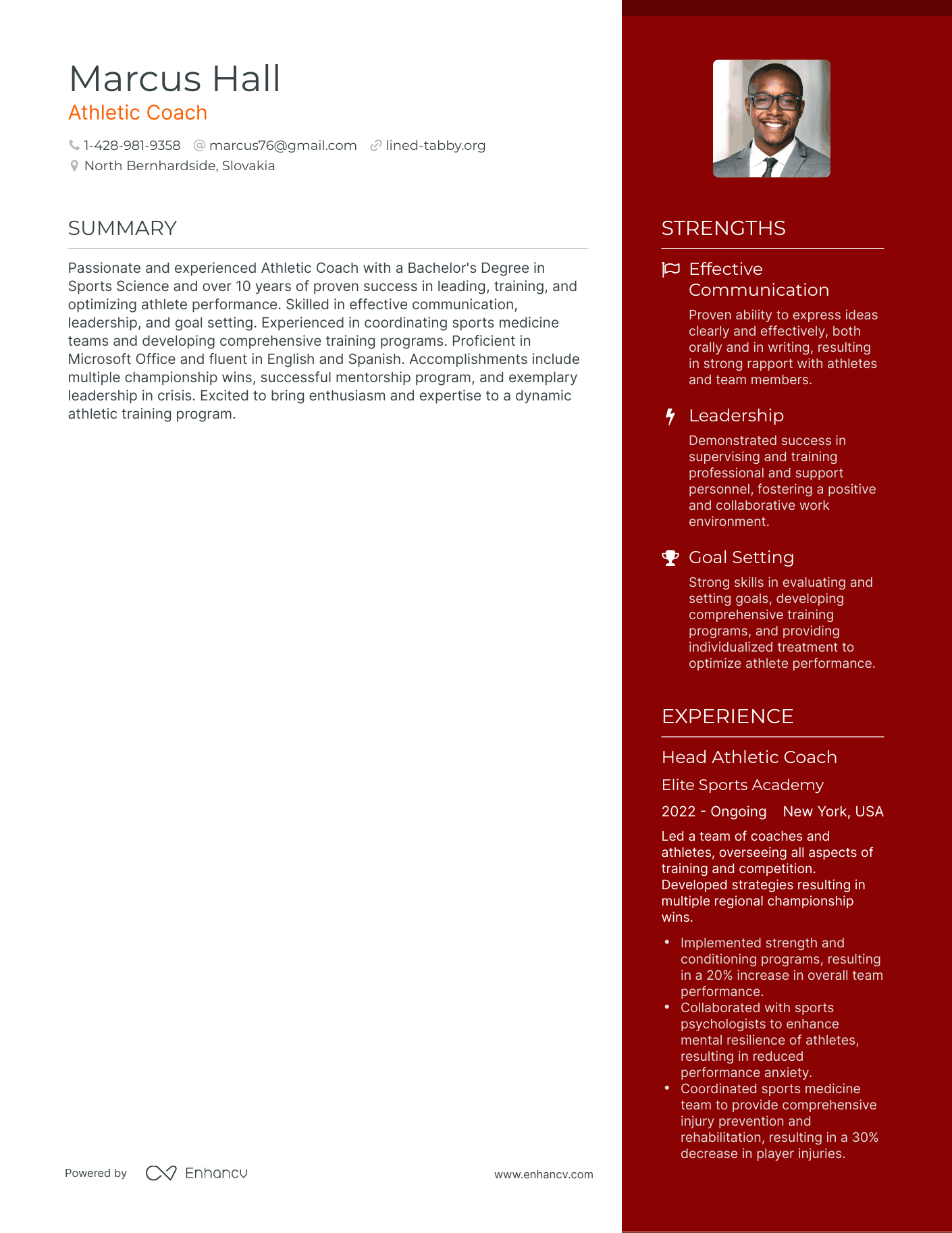 Athletic Coach resume example