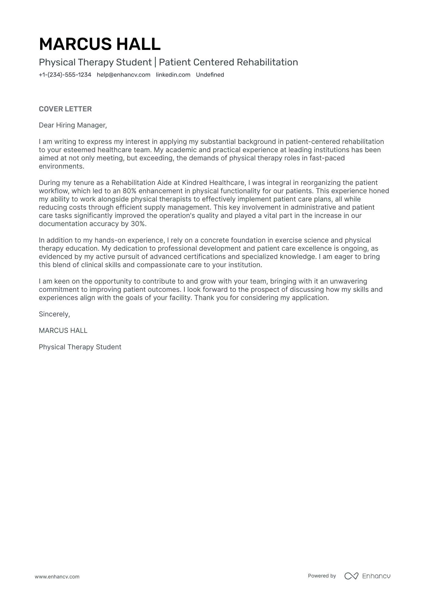 Physical Therapy Student cover letter
