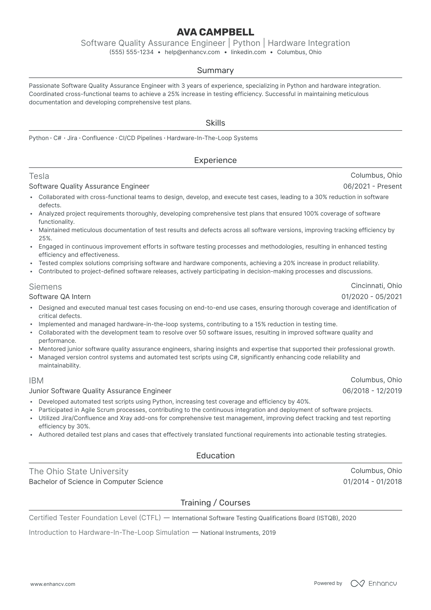 Software Quality Assurance Engineer resume example