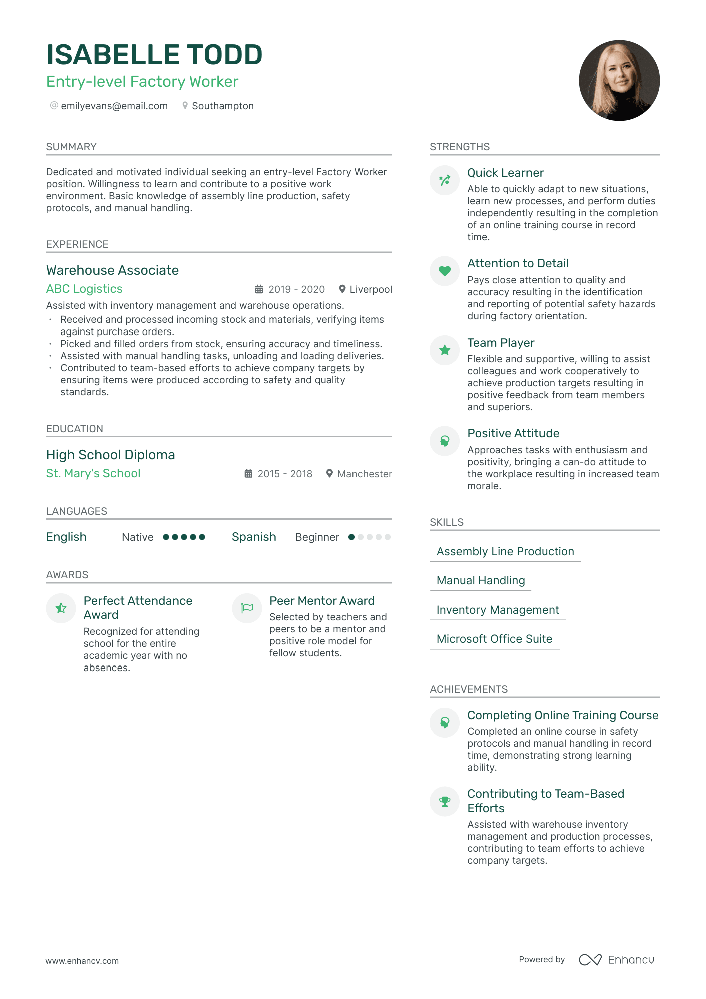 Entry level Factory Worker CV example