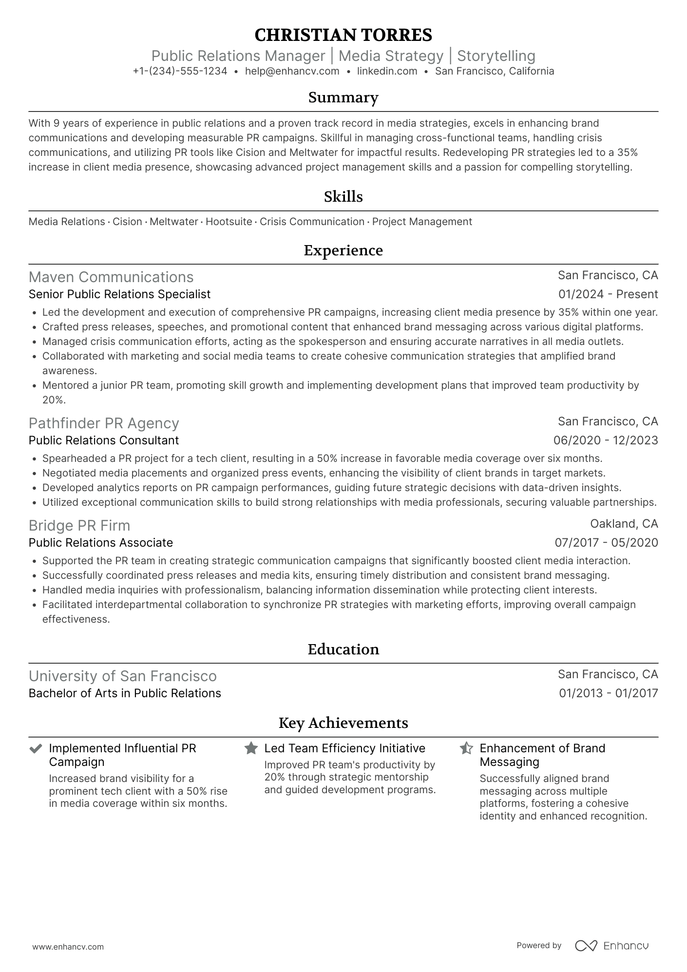 Public Relations Manager resume example