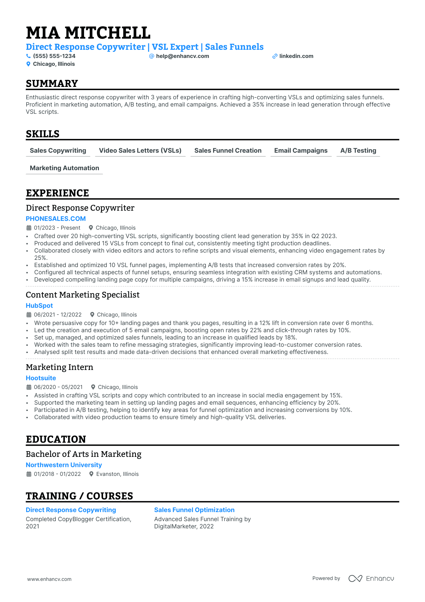 Direct Response Copywriter resume example