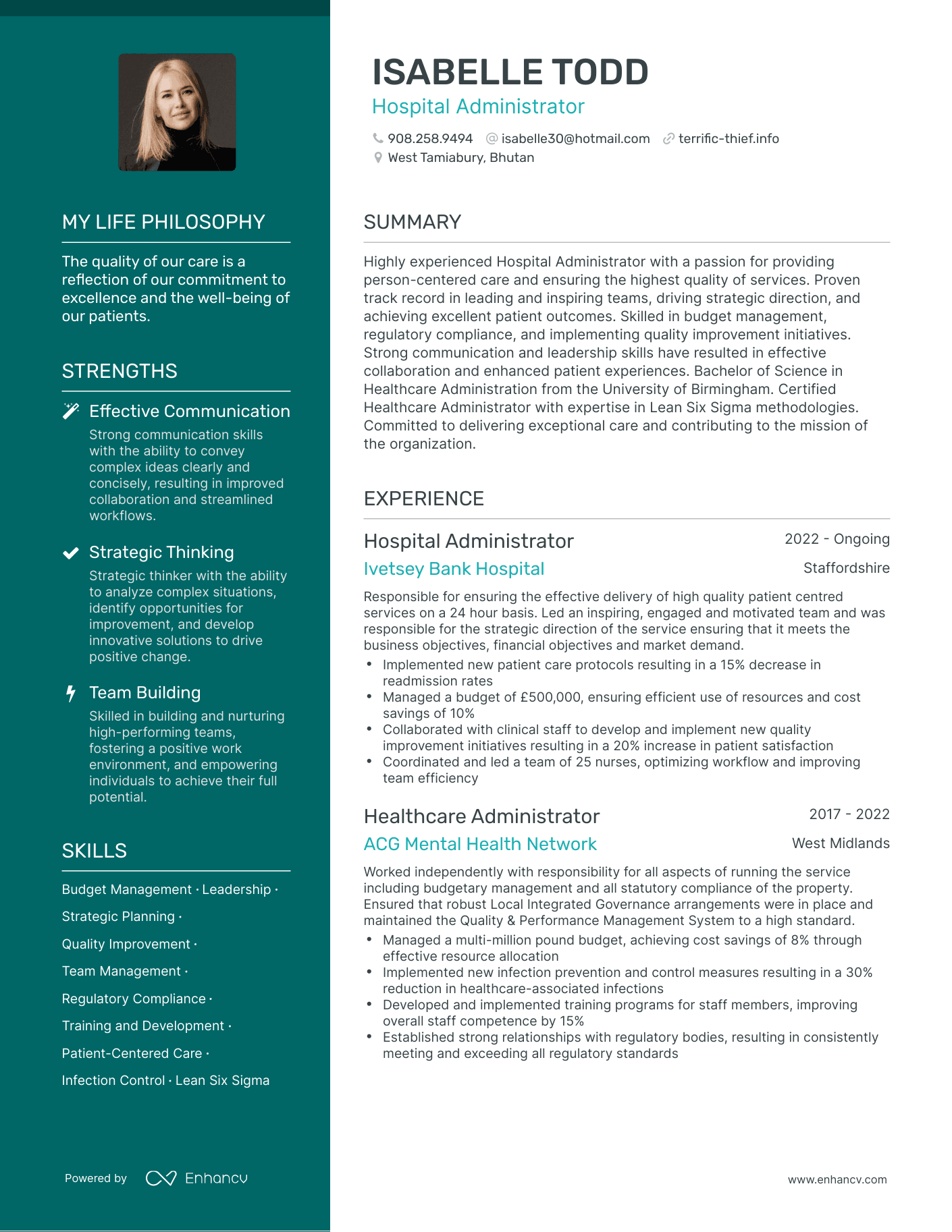 Creative Hospital Administrator Resume Example