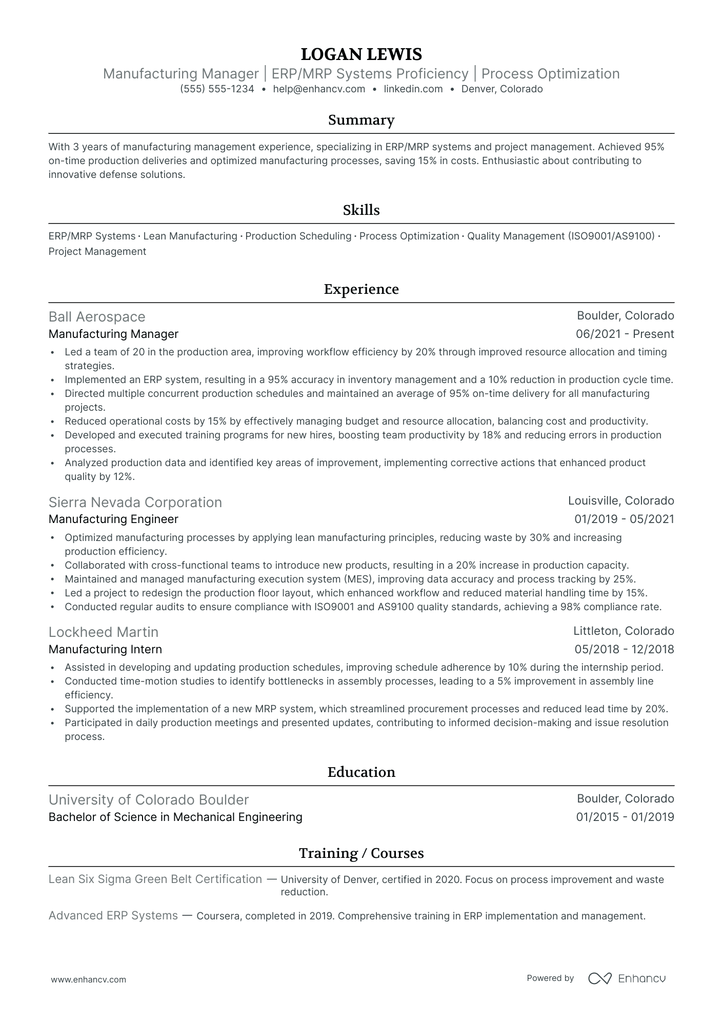 Manufacturing Production Manager resume example