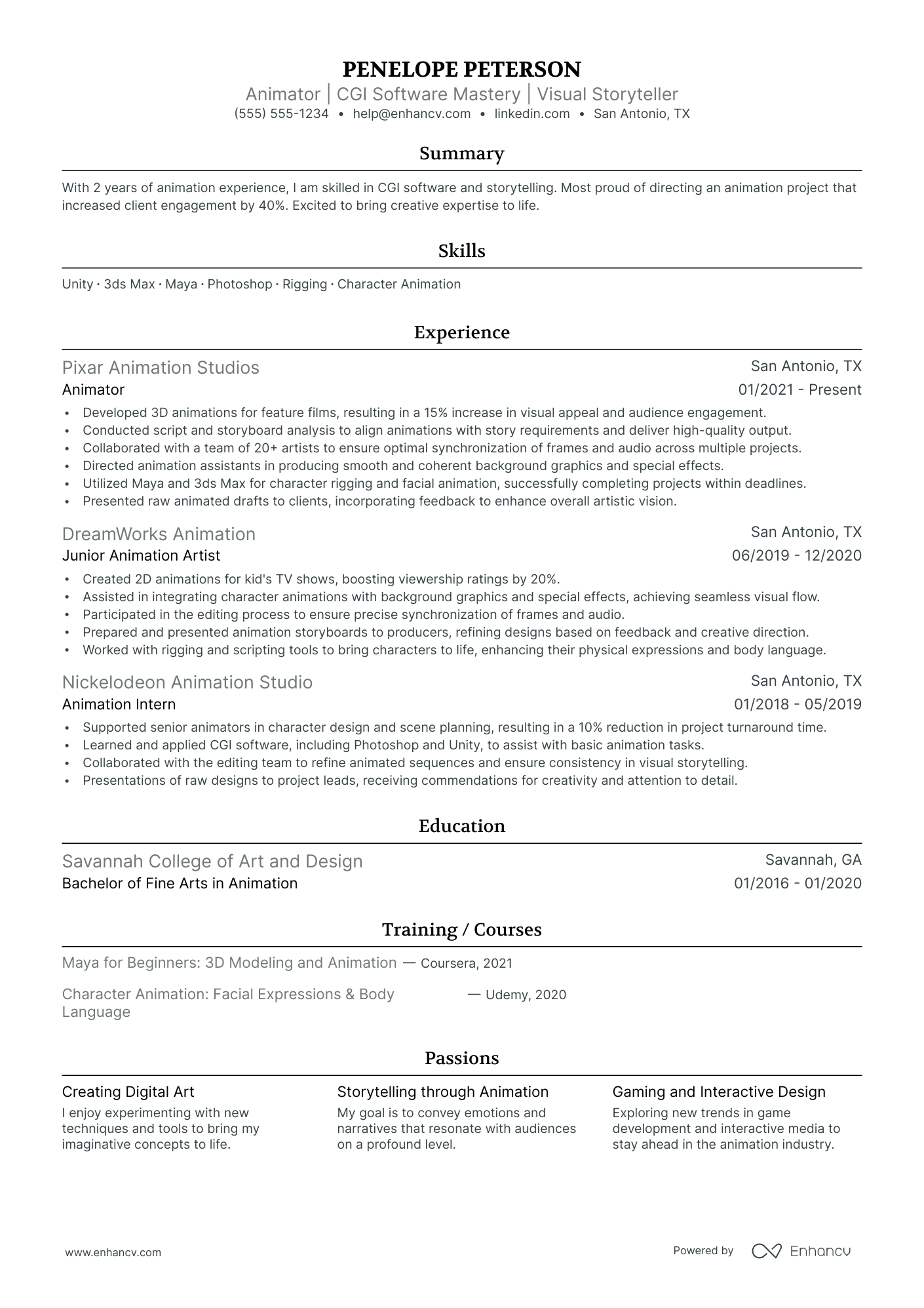 Senior Animator resume example