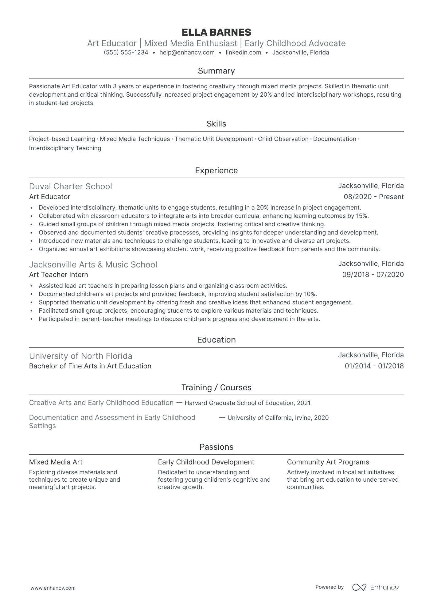 Preschool Art Teacher resume example