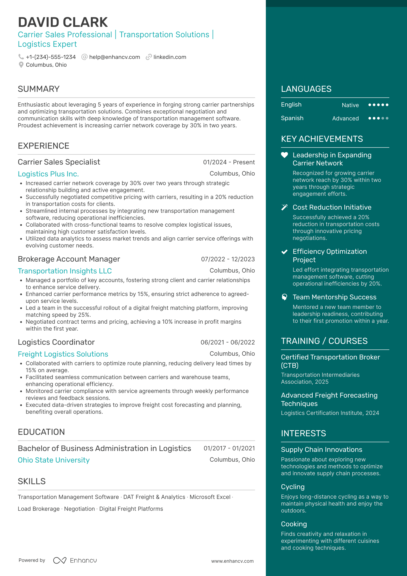 Strong Carrier Sales resume example