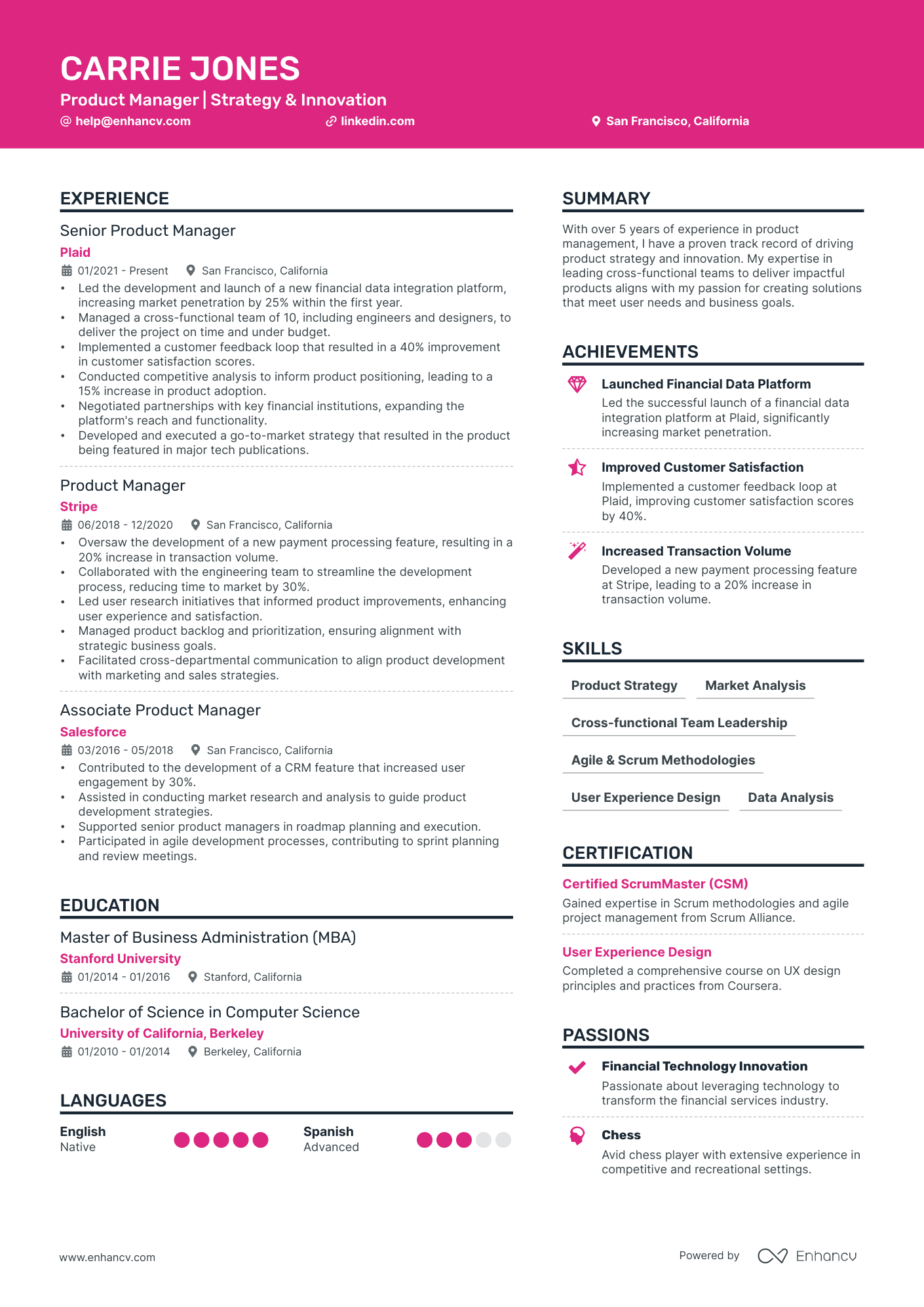 A double column resume template with a pink colored resume header.
