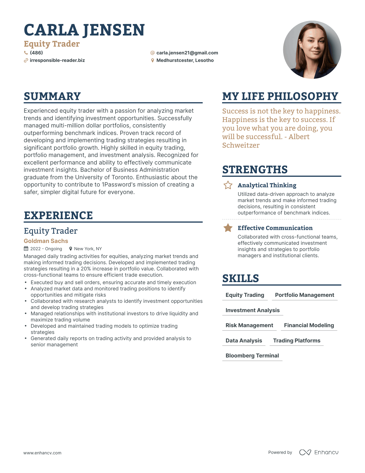 Modern Equity Trader Resume Example