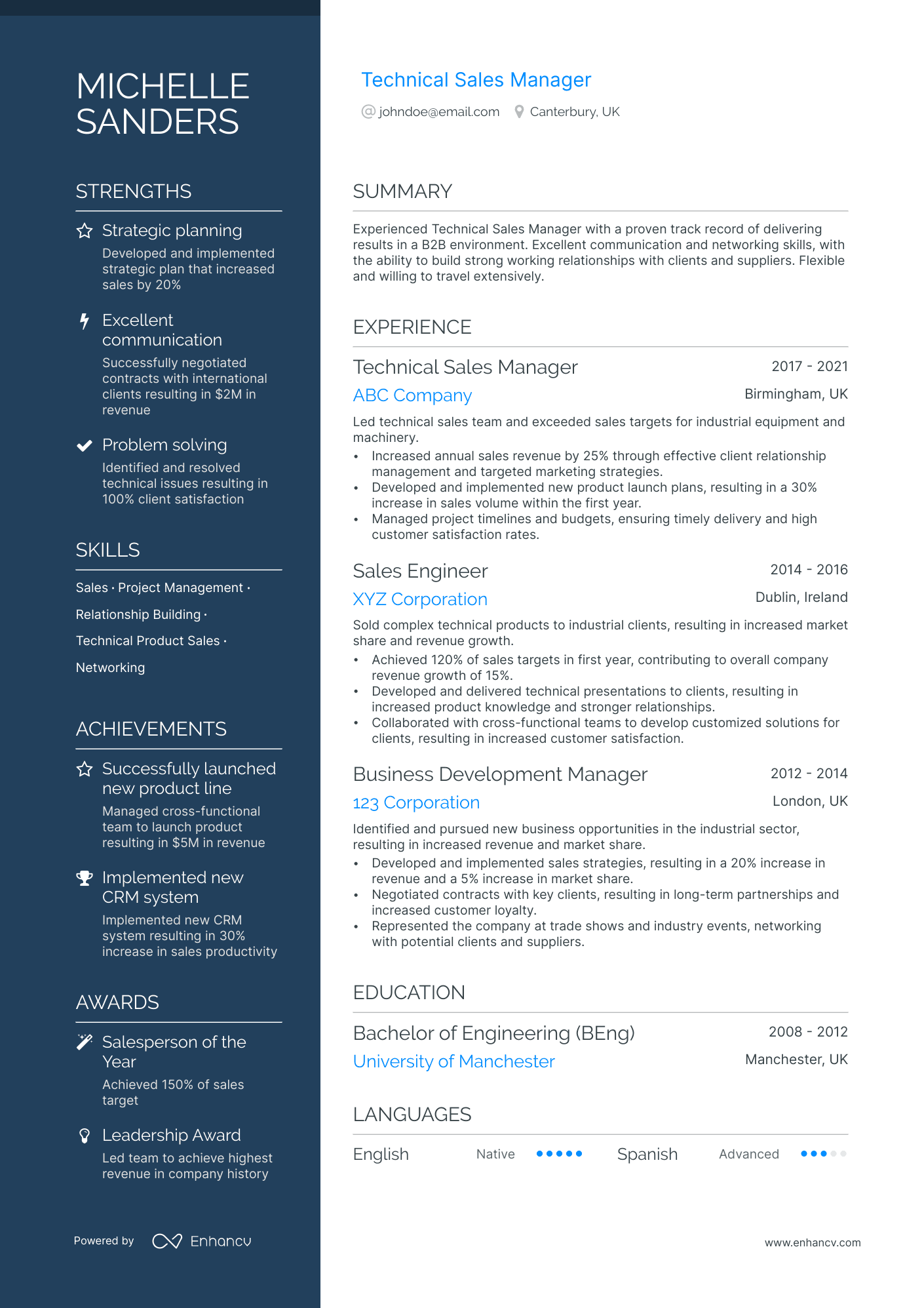 technical sales manager resume example