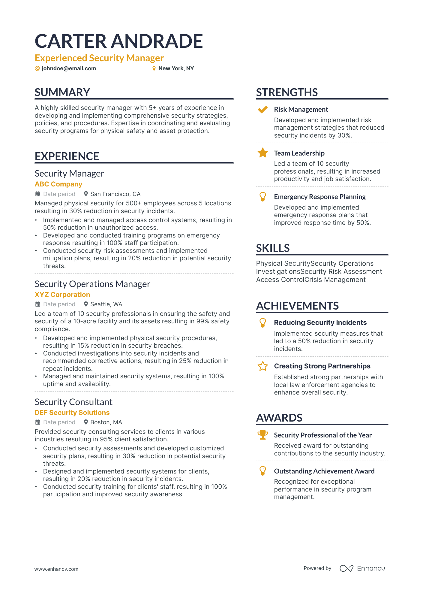 Security Manager resume example
