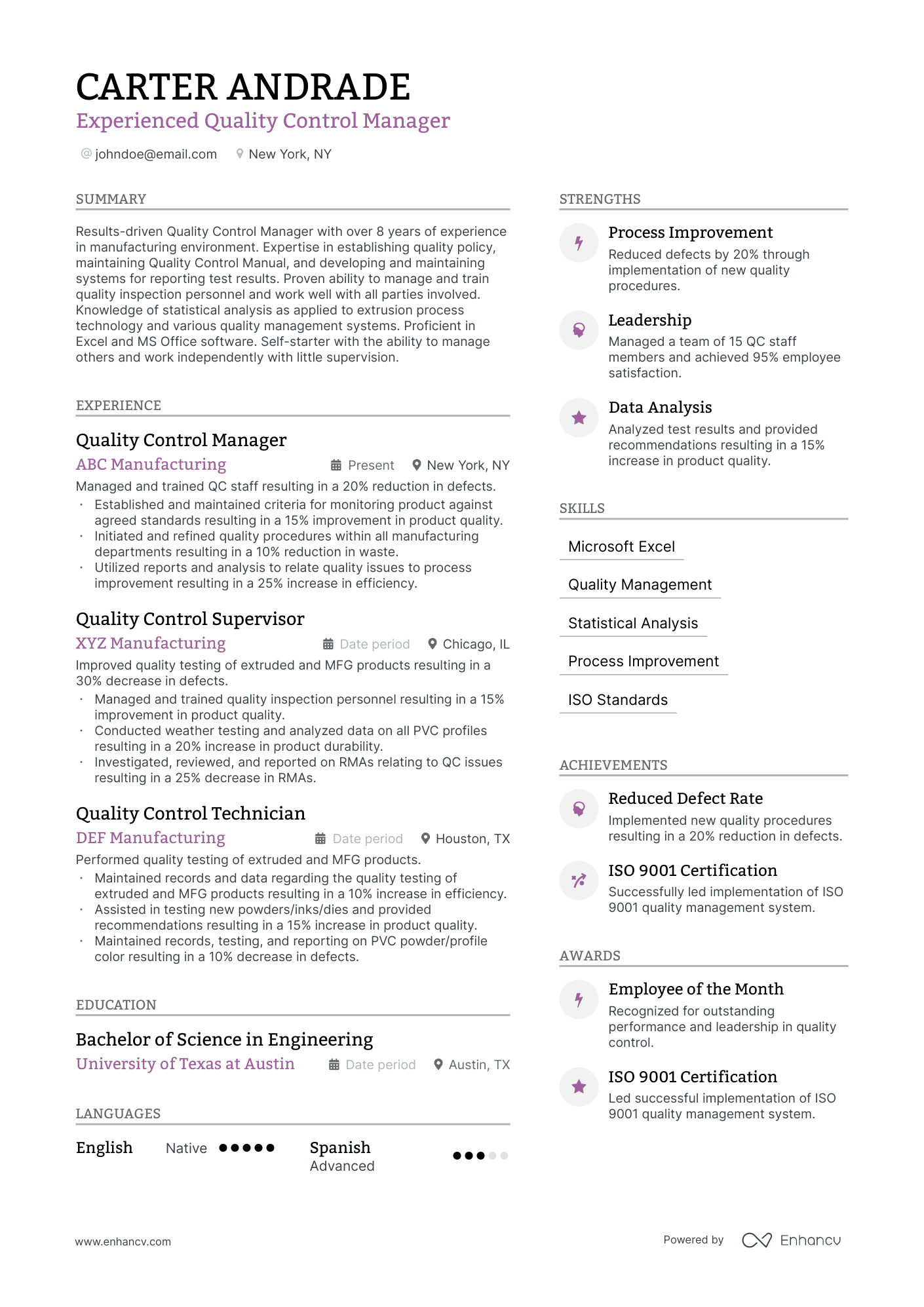 quality control manager resume example